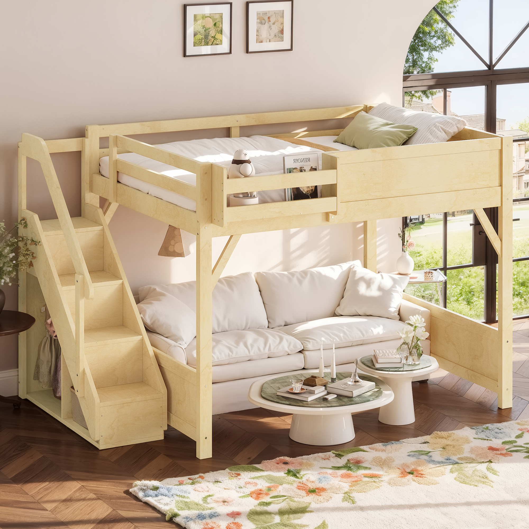 Queen Size Loft Bed with Built-in Wardrobe and Storage Space, Solid Wood Loft Bed with Beside Shelves, Full-length Guardrails and Stairs, No Box Spring Needed, Natural