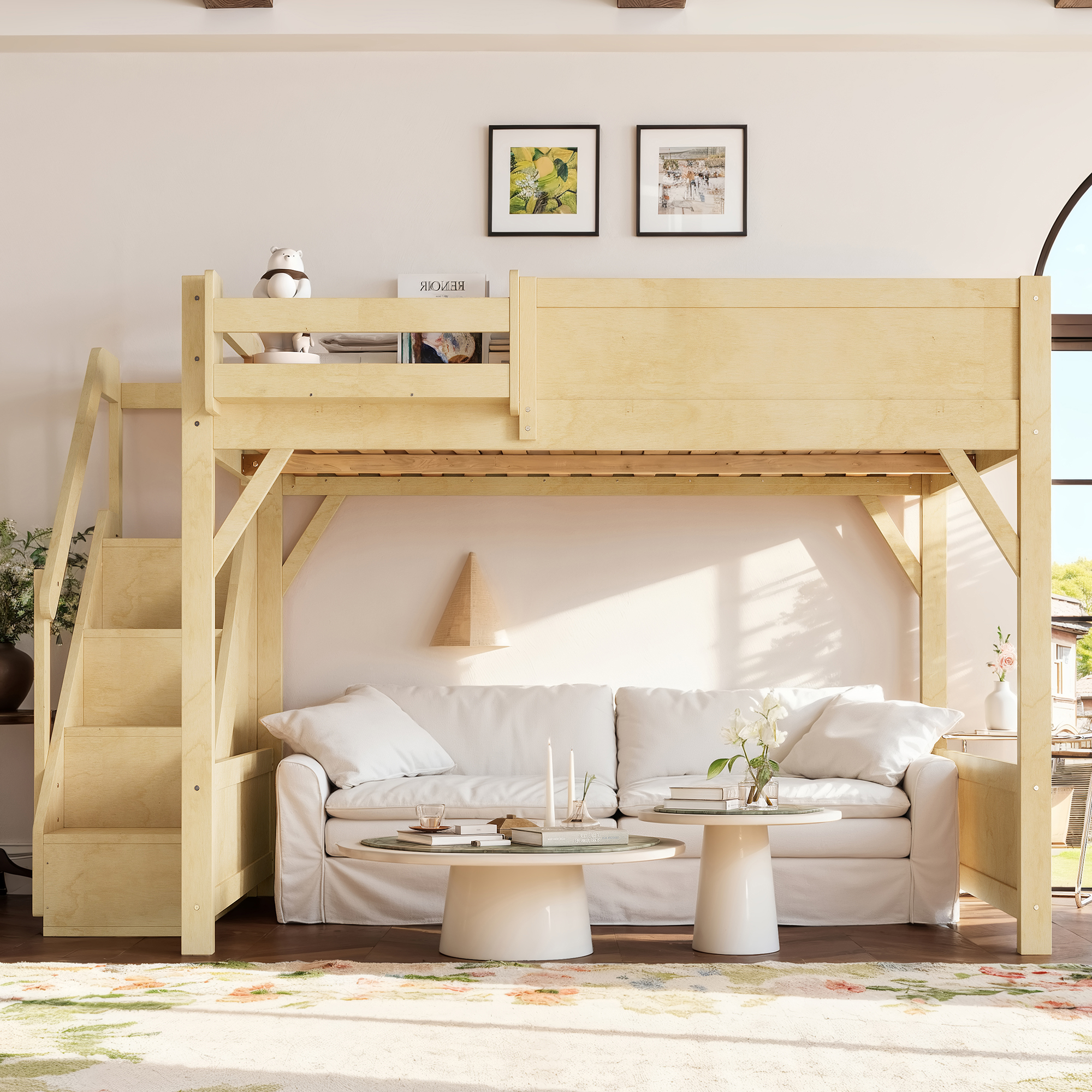 Queen Size Loft Bed with Built-in Wardrobe and Storage Space, Solid Wood Loft Bed with Beside Shelves, Full-length Guardrails and Stairs, No Box Spring Needed, Natural - Image 2
