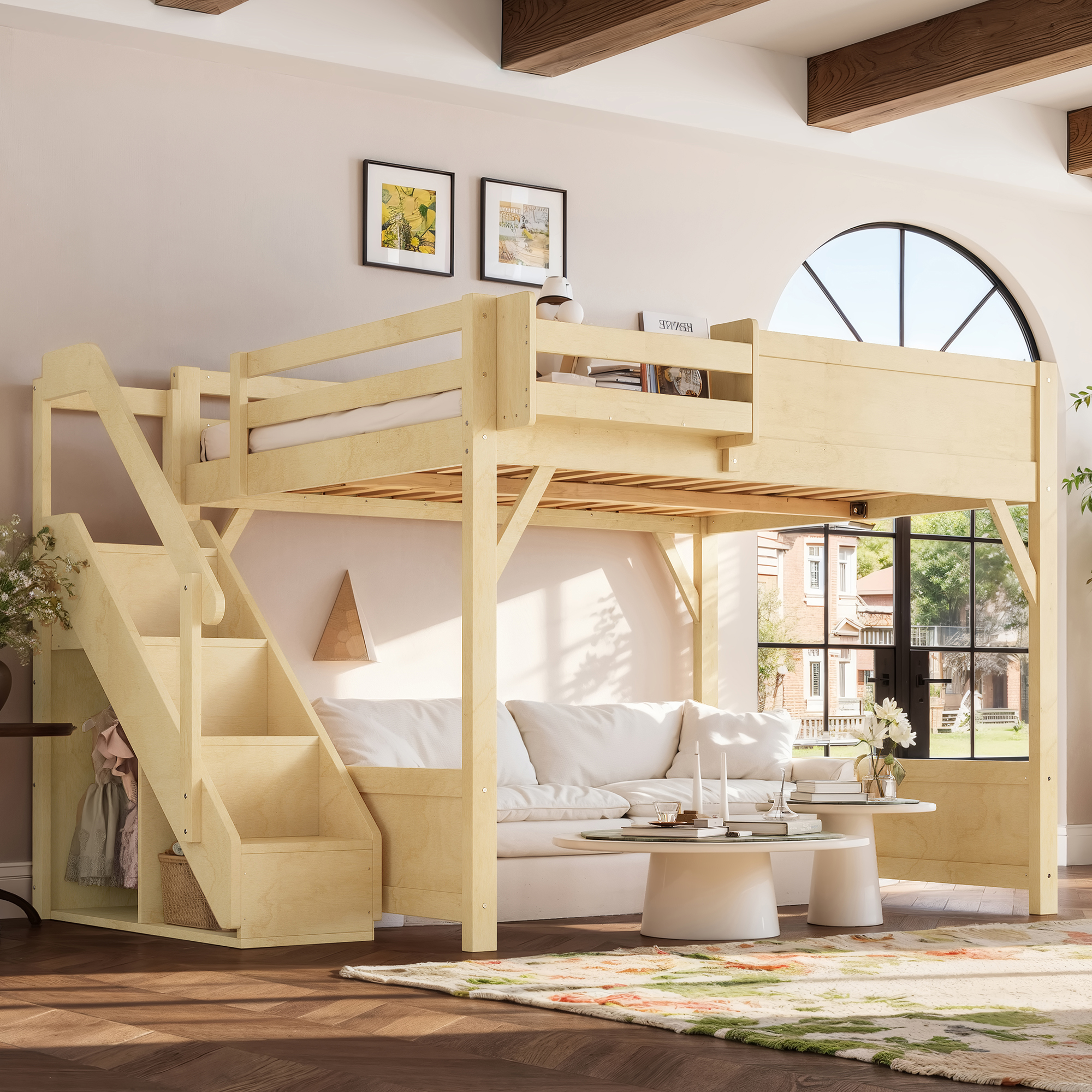 Queen Size Loft Bed with Built-in Wardrobe and Storage Space, Solid Wood Loft Bed with Beside Shelves, Full-length Guardrails and Stairs, No Box Spring Needed, Natural - Image 3