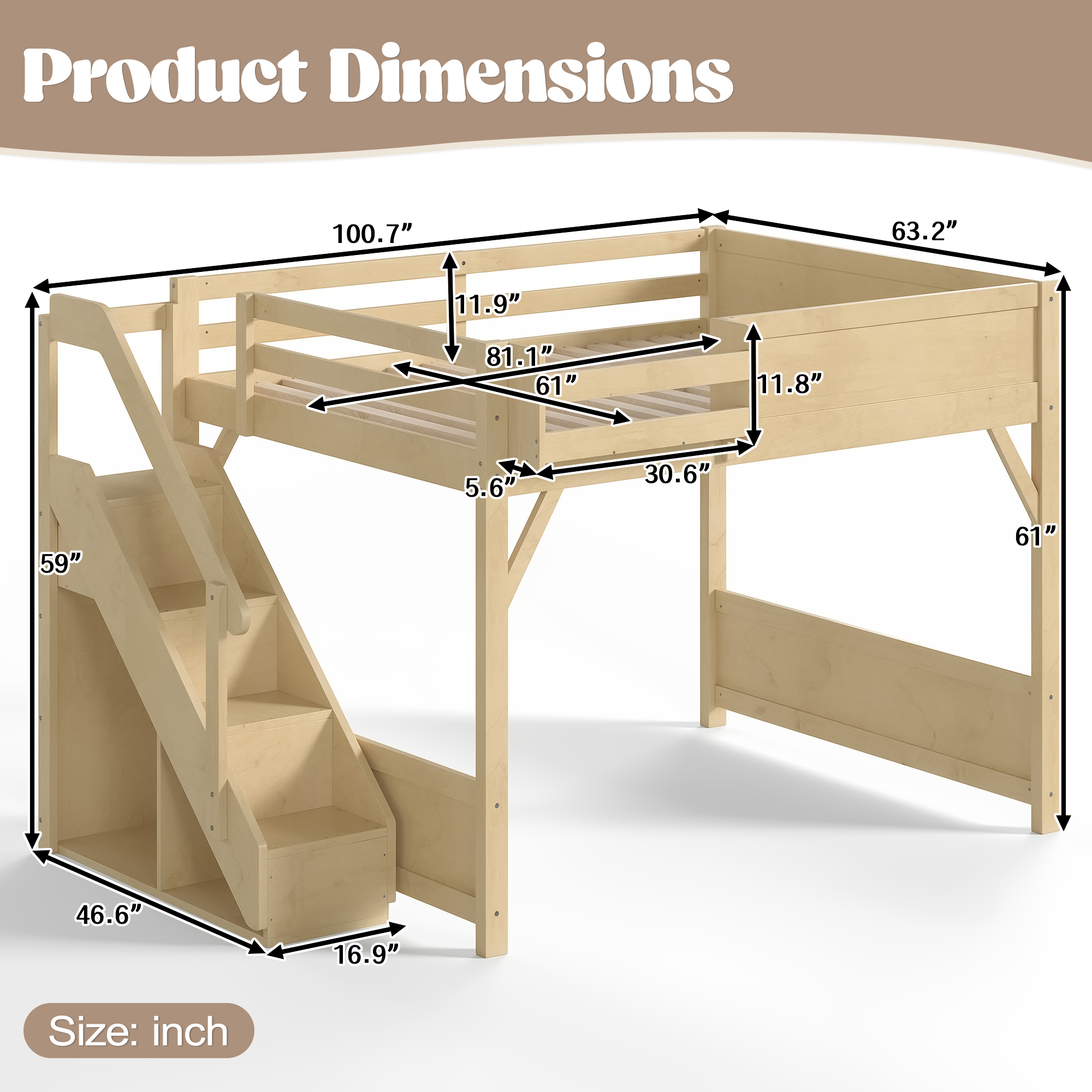 Queen Size Loft Bed with Built-in Wardrobe and Storage Space, Solid Wood Loft Bed with Beside Shelves, Full-length Guardrails and Stairs, No Box Spring Needed, Natural - Image 4