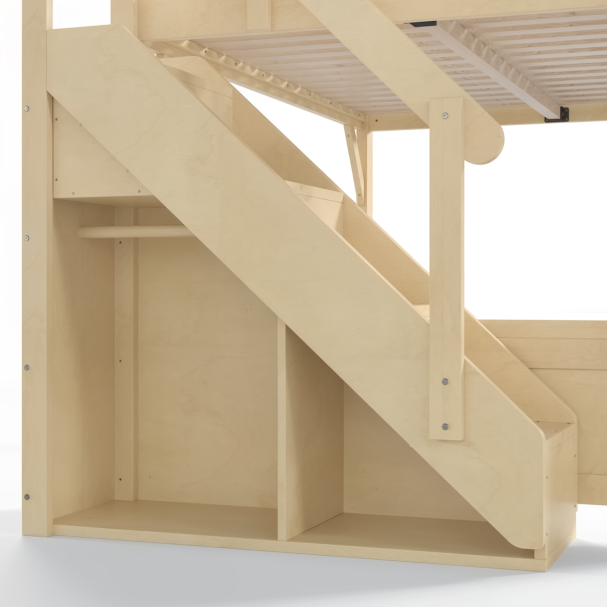 Queen Size Loft Bed with Built-in Wardrobe and Storage Space, Solid Wood Loft Bed with Beside Shelves, Full-length Guardrails and Stairs, No Box Spring Needed, Natural - Image 6