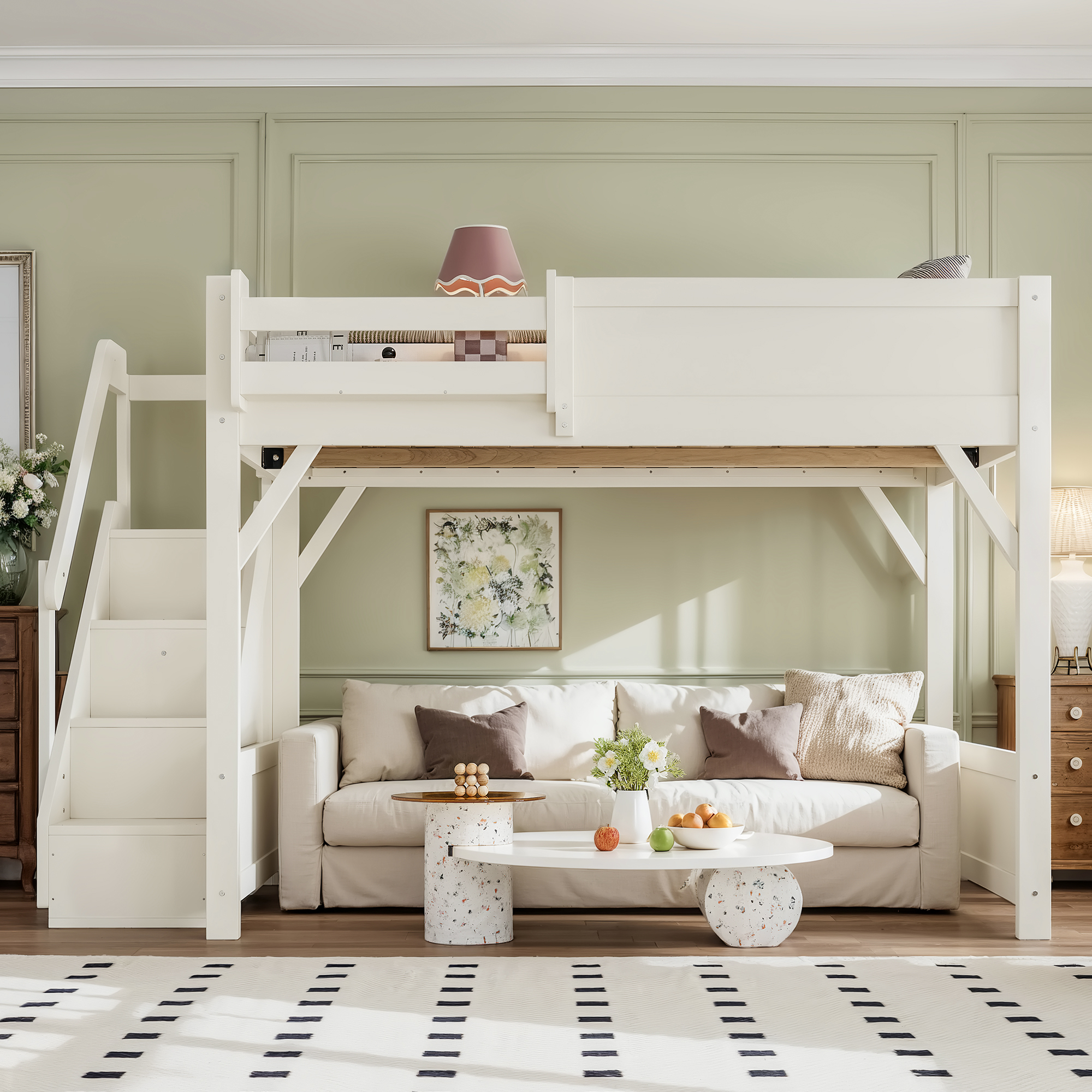 Full Size Loft Bed with Built-in Wardrobe and Storage Space, Solid Wood Loft Bed with Beside Shelves, Full-length Guardrails and Stairs, No Box Spring Needed,Beige - Image 2