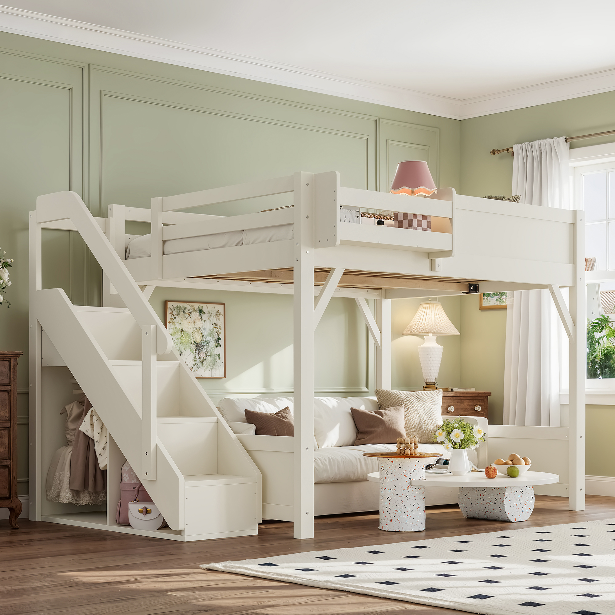 Full Size Loft Bed with Built-in Wardrobe and Storage Space, Solid Wood Loft Bed with Beside Shelves, Full-length Guardrails and Stairs, No Box Spring Needed,Beige - Image 3