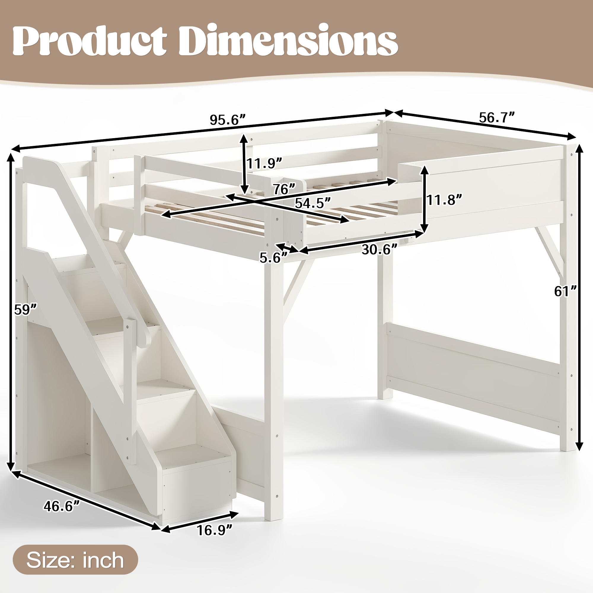 Full Size Loft Bed with Built-in Wardrobe and Storage Space, Solid Wood Loft Bed with Beside Shelves, Full-length Guardrails and Stairs, No Box Spring Needed,Beige - Image 4