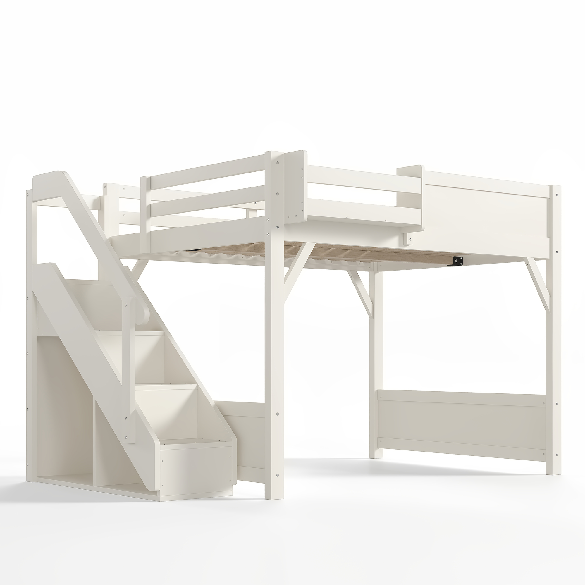 Full Size Loft Bed with Built-in Wardrobe and Storage Space, Solid Wood Loft Bed with Beside Shelves, Full-length Guardrails and Stairs, No Box Spring Needed,Beige - Image 5