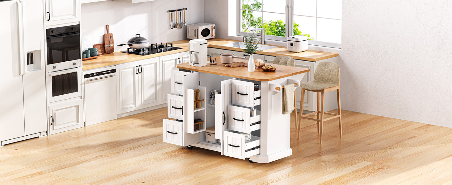 K&K 56 inch Kitchen Island with Rubber Wood Veneer Drop Leaf, Power Outlet, 4 Door Shelves, Embossed Vertical Stripe Rolling Kitchen Cart on 4 Wheels with 6 Deep Drawers for Kitchen, Dining Room,White - Image 2