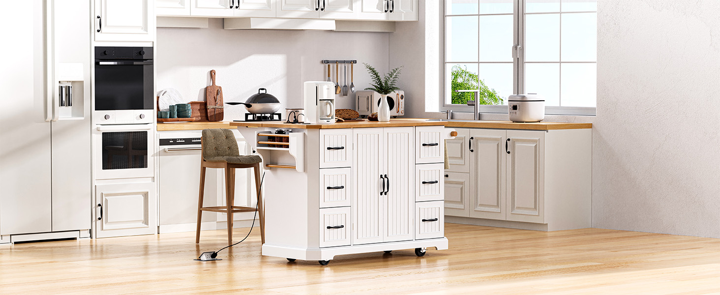 K&K 56 inch Kitchen Island with Rubber Wood Veneer Drop Leaf, Power Outlet, 4 Door Shelves, Embossed Vertical Stripe Rolling Kitchen Cart on 4 Wheels with 6 Deep Drawers for Kitchen, Dining Room,White - Image 3