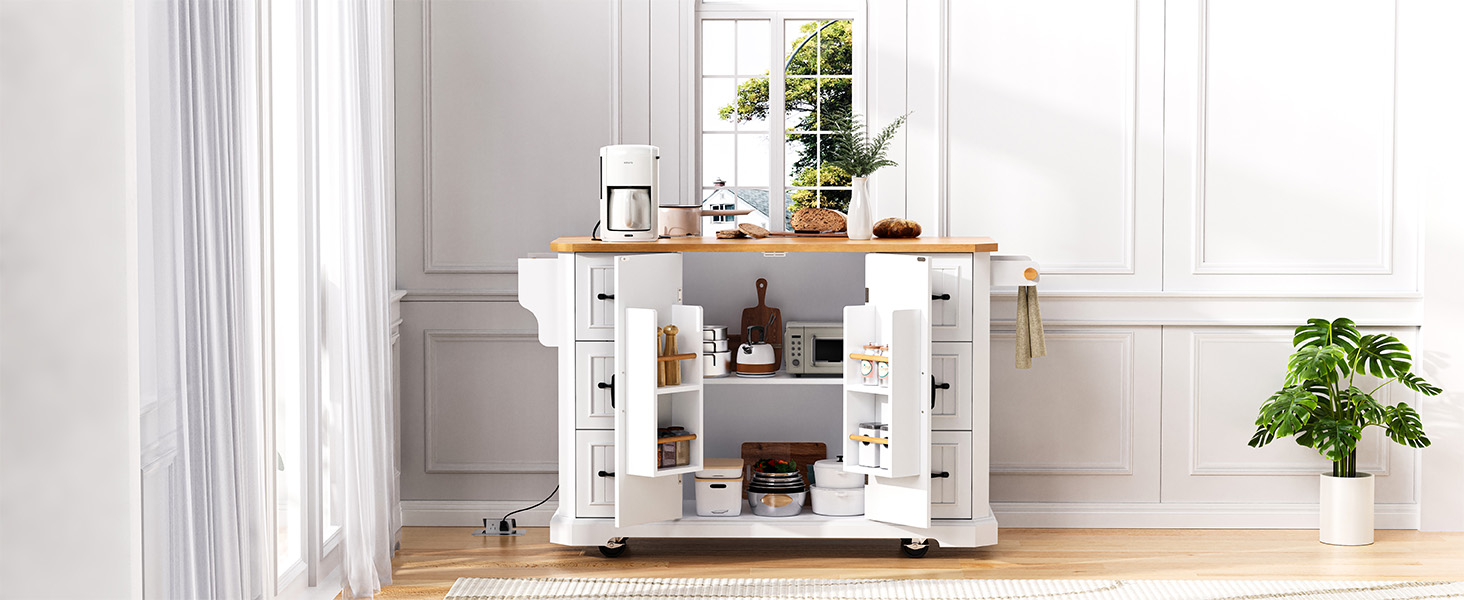 K&K 56 inch Kitchen Island with Rubber Wood Veneer Drop Leaf, Power Outlet, 4 Door Shelves, Embossed Vertical Stripe Rolling Kitchen Cart on 4 Wheels with 6 Deep Drawers for Kitchen, Dining Room,White - Image 4
