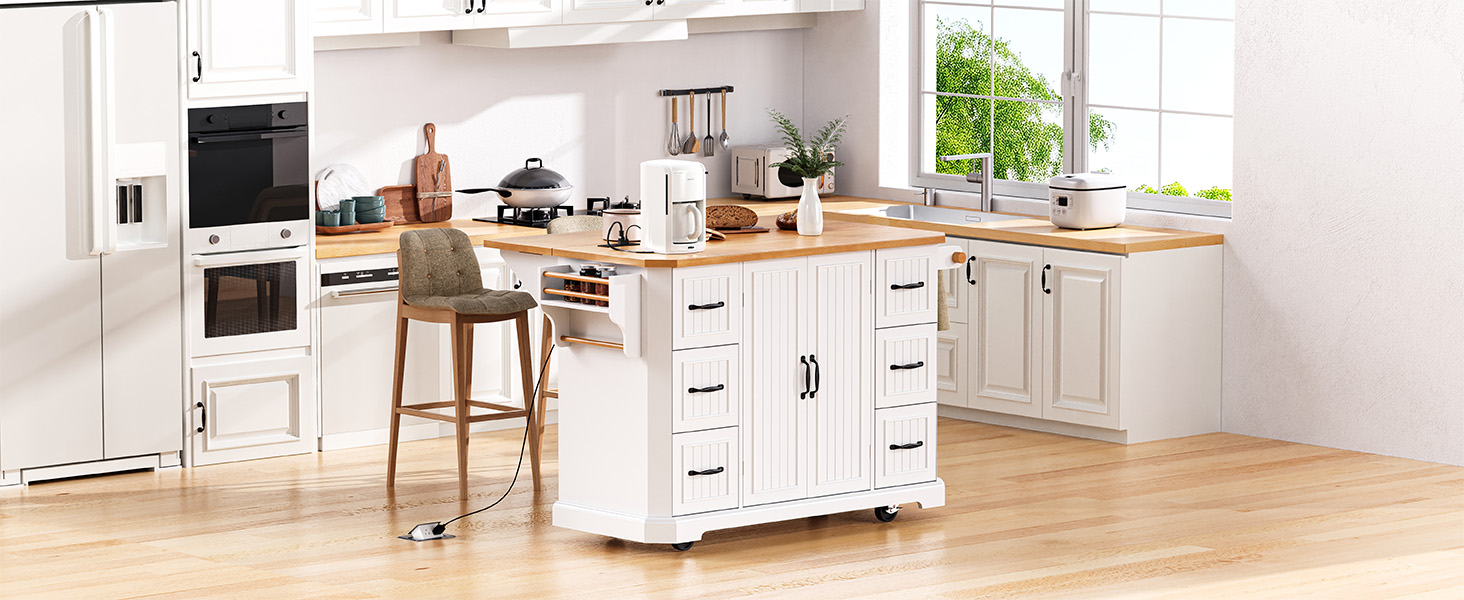 K&K 56 inch Kitchen Island with Rubber Wood Veneer Drop Leaf, Power Outlet, 4 Door Shelves, Embossed Vertical Stripe Rolling Kitchen Cart on 4 Wheels with 6 Deep Drawers for Kitchen, Dining Room,White - Image 5