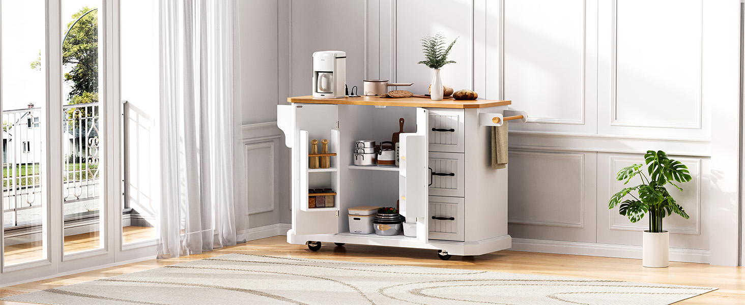 K&K 56 inch Kitchen Island with Rubber Wood Veneer Drop Leaf, Power Outlet, 4 Door Shelves, Embossed Vertical Stripe Rolling Kitchen Cart on 4 Wheels with 6 Deep Drawers for Kitchen, Dining Room,White - Image 6