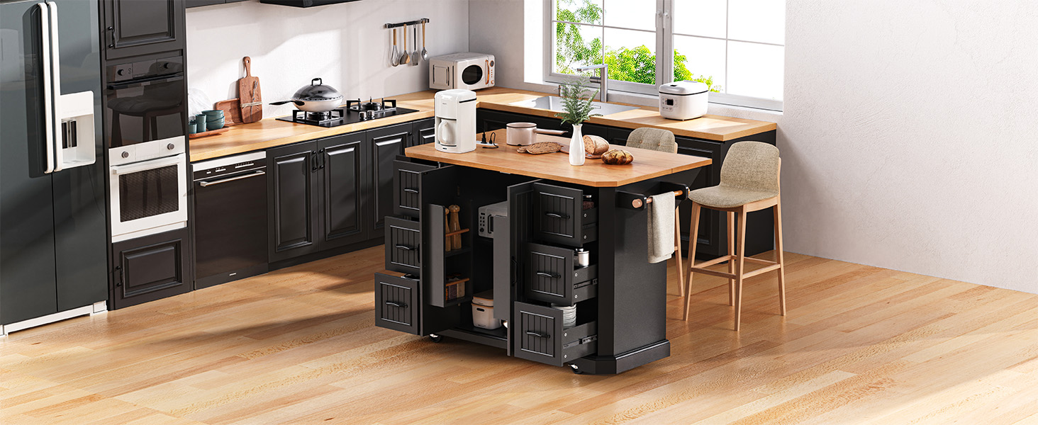 K&K 56 inch Kitchen Island with Rubber Wood Veneer Drop Leaf, Power Outlet, 4 Door Shelves, Embossed Vertical Stripe Rolling Kitchen Cart on 4 Wheels with 6 Deep Drawers for Kitchen, Dining Room,Black - Image 2
