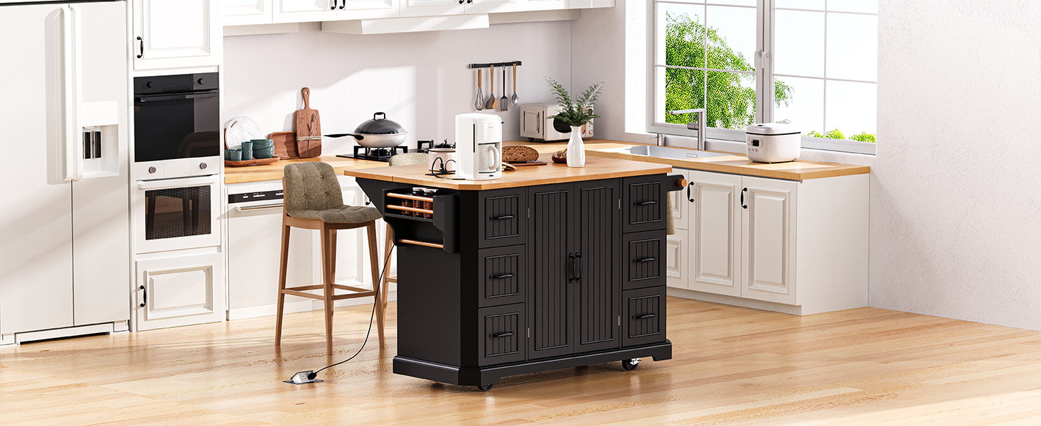 K&K 56 inch Kitchen Island with Rubber Wood Veneer Drop Leaf, Power Outlet, 4 Door Shelves, Embossed Vertical Stripe Rolling Kitchen Cart on 4 Wheels with 6 Deep Drawers for Kitchen, Dining Room,Black - Image 3