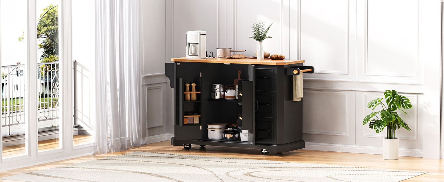 K&K 56 inch Kitchen Island with Rubber Wood Veneer Drop Leaf, Power Outlet, 4 Door Shelves, Embossed Vertical Stripe Rolling Kitchen Cart on 4 Wheels with 6 Deep Drawers for Kitchen, Dining Room,Black - Image 4