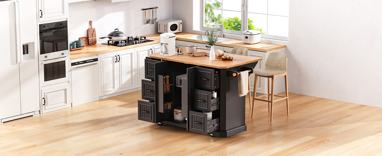 K&K 56 inch Kitchen Island with Rubber Wood Veneer Drop Leaf, Power Outlet, 4 Door Shelves, Embossed Vertical Stripe Rolling Kitchen Cart on 4 Wheels with 6 Deep Drawers for Kitchen, Dining Room,Black - Image 5