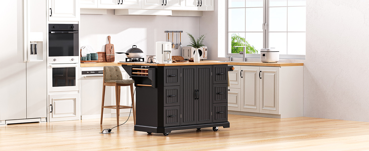 K&K 56 inch Kitchen Island with Rubber Wood Veneer Drop Leaf, Power Outlet, 4 Door Shelves, Embossed Vertical Stripe Rolling Kitchen Cart on 4 Wheels with 6 Deep Drawers for Kitchen, Dining Room,Black - Image 6