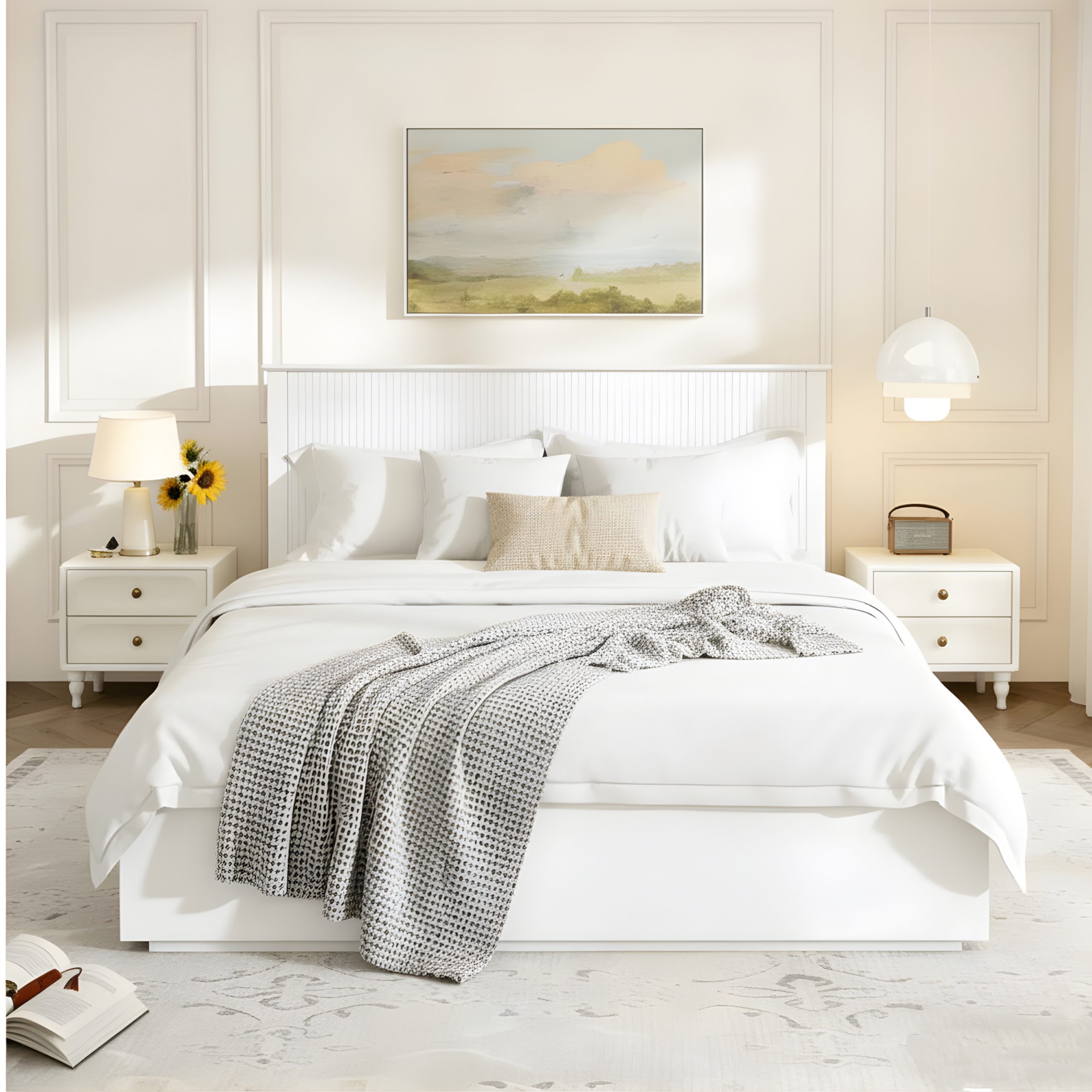 Stylish Queen Size Bed Frame - White Solid Wood King Bed, 600lbs Weight Limit, Compatible with 8 - 10" Mattress, Contemporary Bedroom Furniture - Image 1