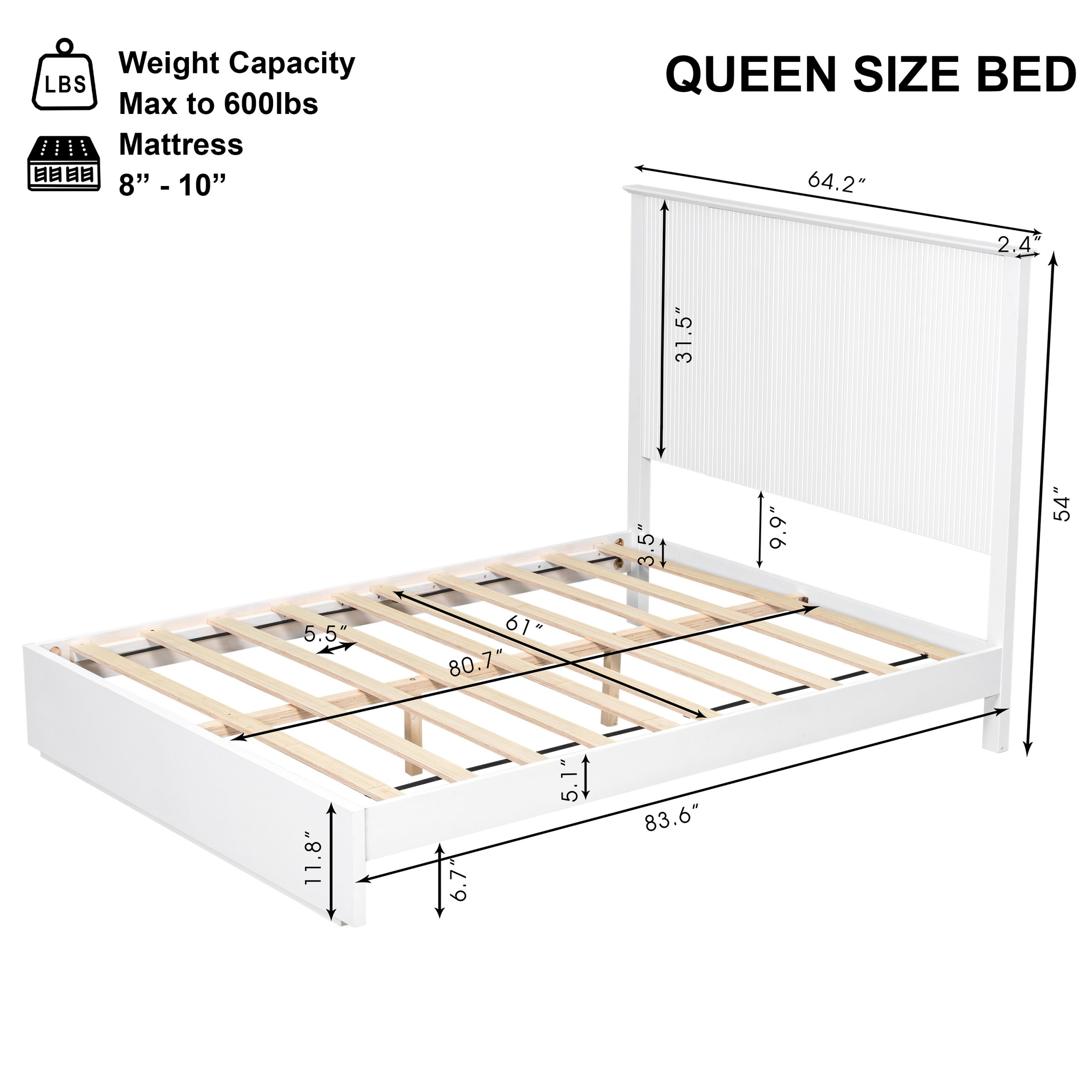Stylish Queen Size Bed Frame - White Solid Wood King Bed, 600lbs Weight Limit, Compatible with 8 - 10" Mattress, Contemporary Bedroom Furniture - Image 2