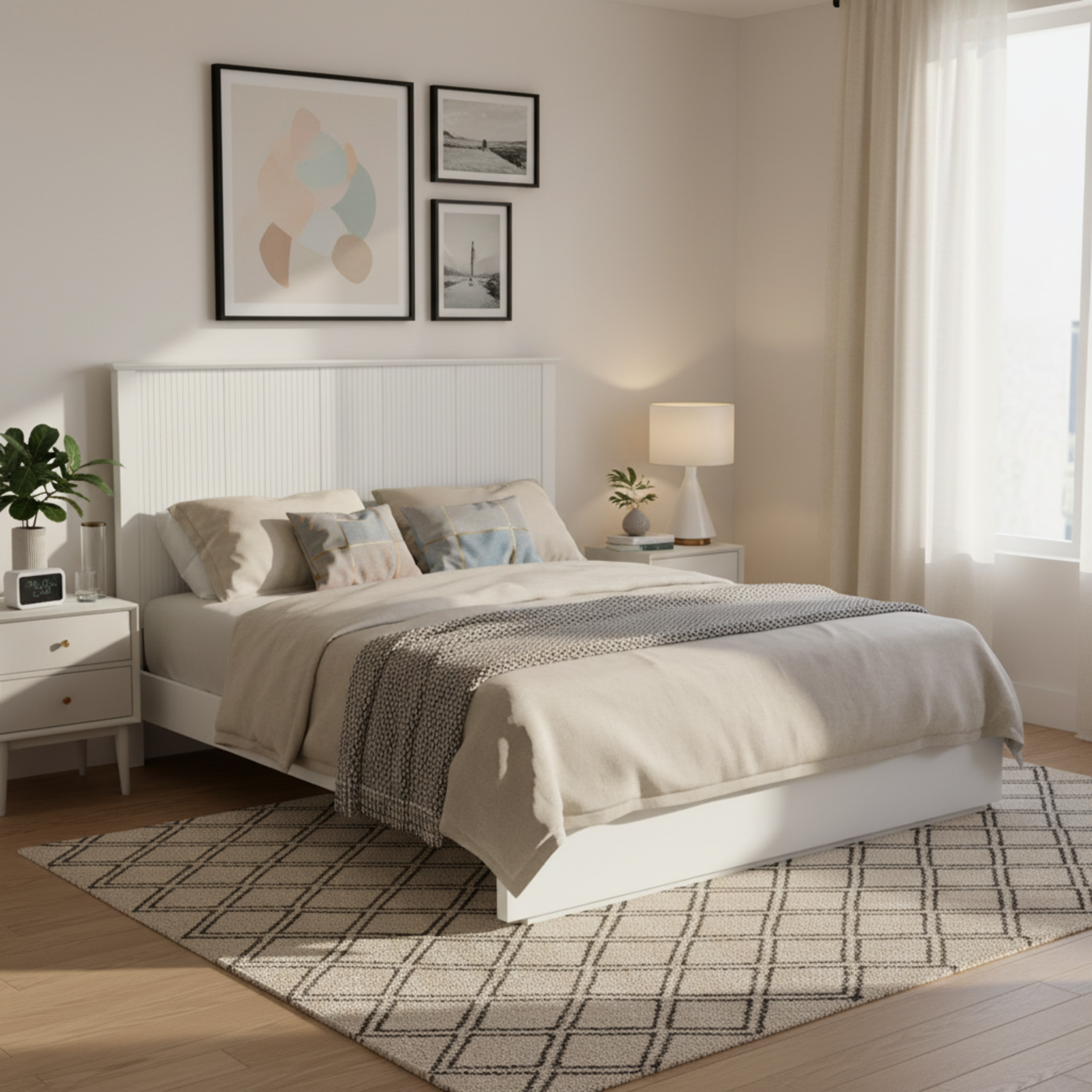 Stylish Queen Size Bed Frame - White Solid Wood King Bed, 600lbs Weight Limit, Compatible with 8 - 10" Mattress, Contemporary Bedroom Furniture - Image 3