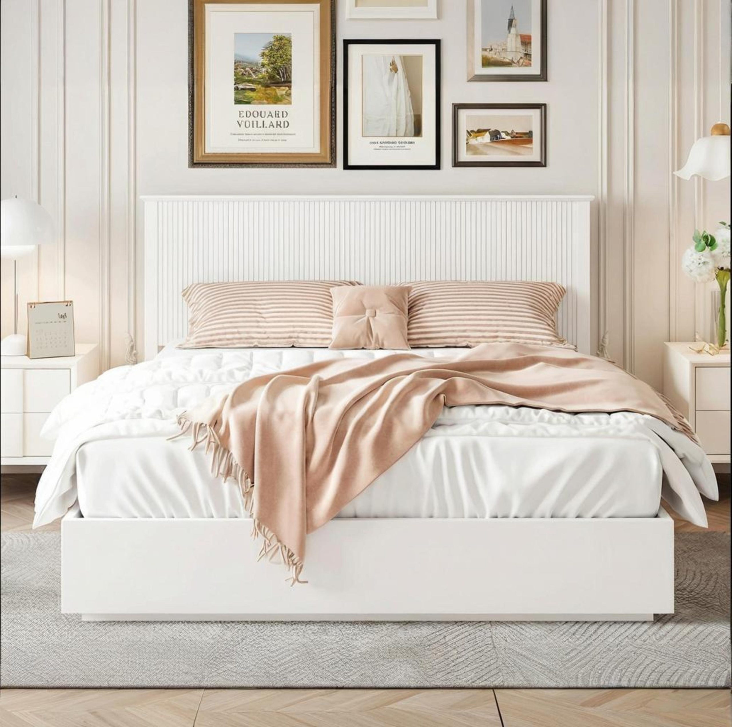 Stylish King Size Bed Frame - White Solid Wood King Bed, 600lbs Weight Limit, Compatible with 8 - 10" Mattress, Contemporary Bedroom Furniture - Image 1