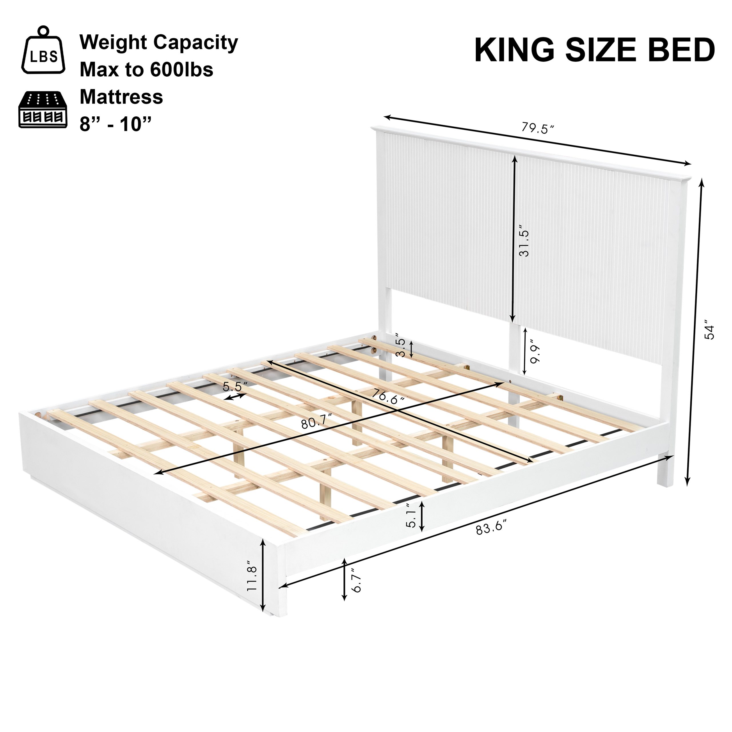 Stylish King Size Bed Frame - White Solid Wood King Bed, 600lbs Weight Limit, Compatible with 8 - 10" Mattress, Contemporary Bedroom Furniture - Image 2