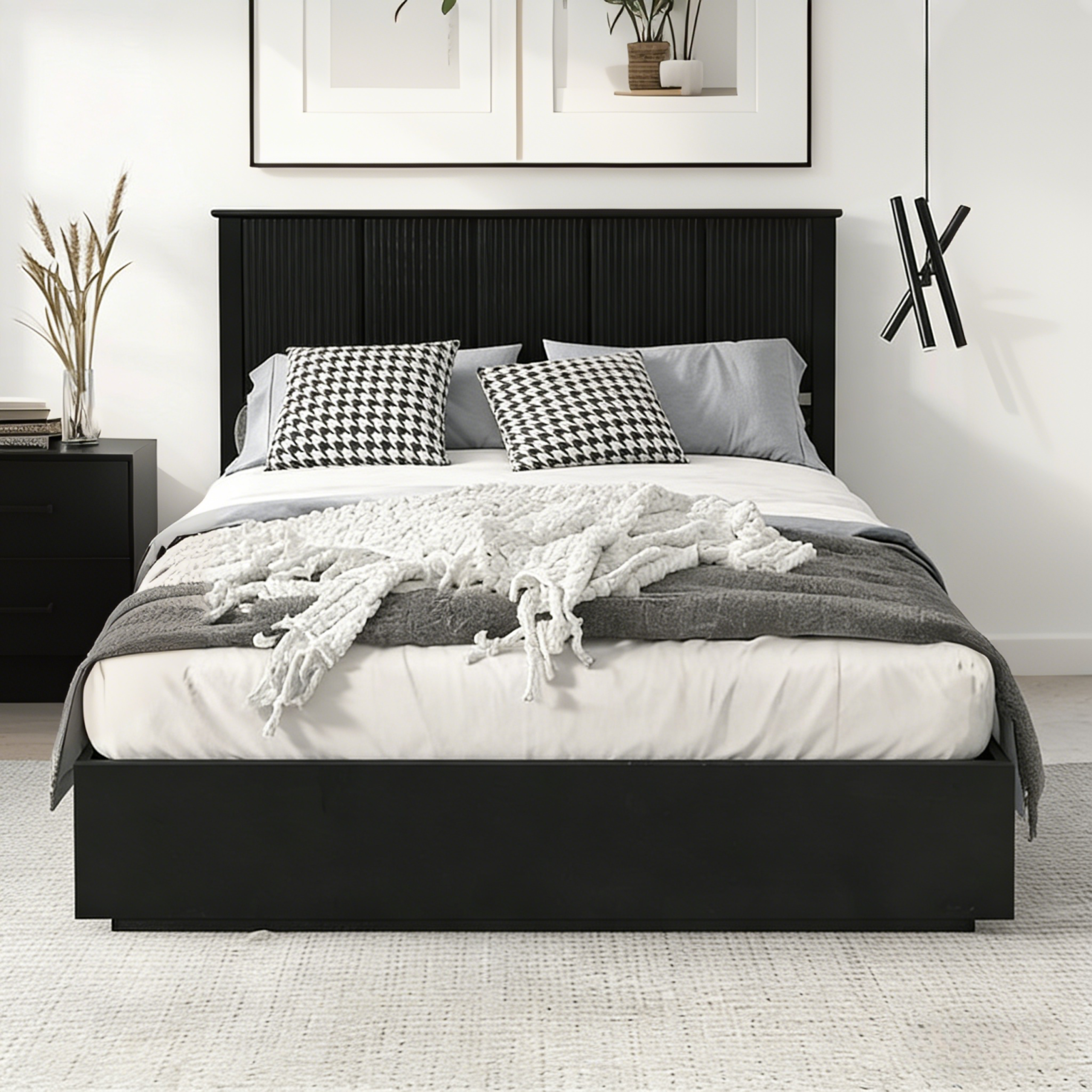 Stylish Queen Size Bed Frame – Black Solid Wood King Bed, 600lbs Weight Limit, Compatible with 8 – 10″ Mattress, Contemporary Bedroom Furniture