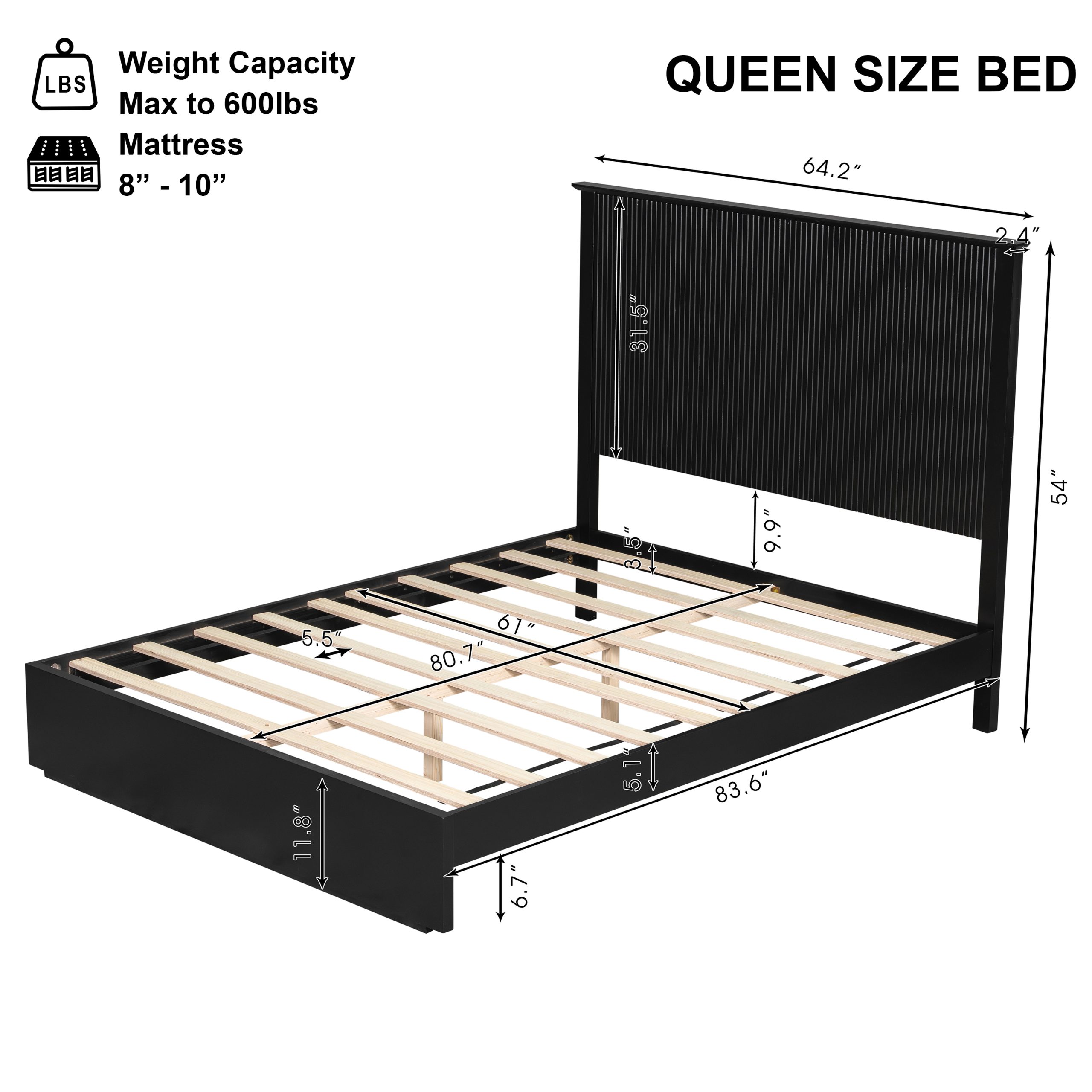 Stylish Queen Size Bed Frame - Black Solid Wood King Bed, 600lbs Weight Limit, Compatible with 8 - 10" Mattress, Contemporary Bedroom Furniture - Image 2