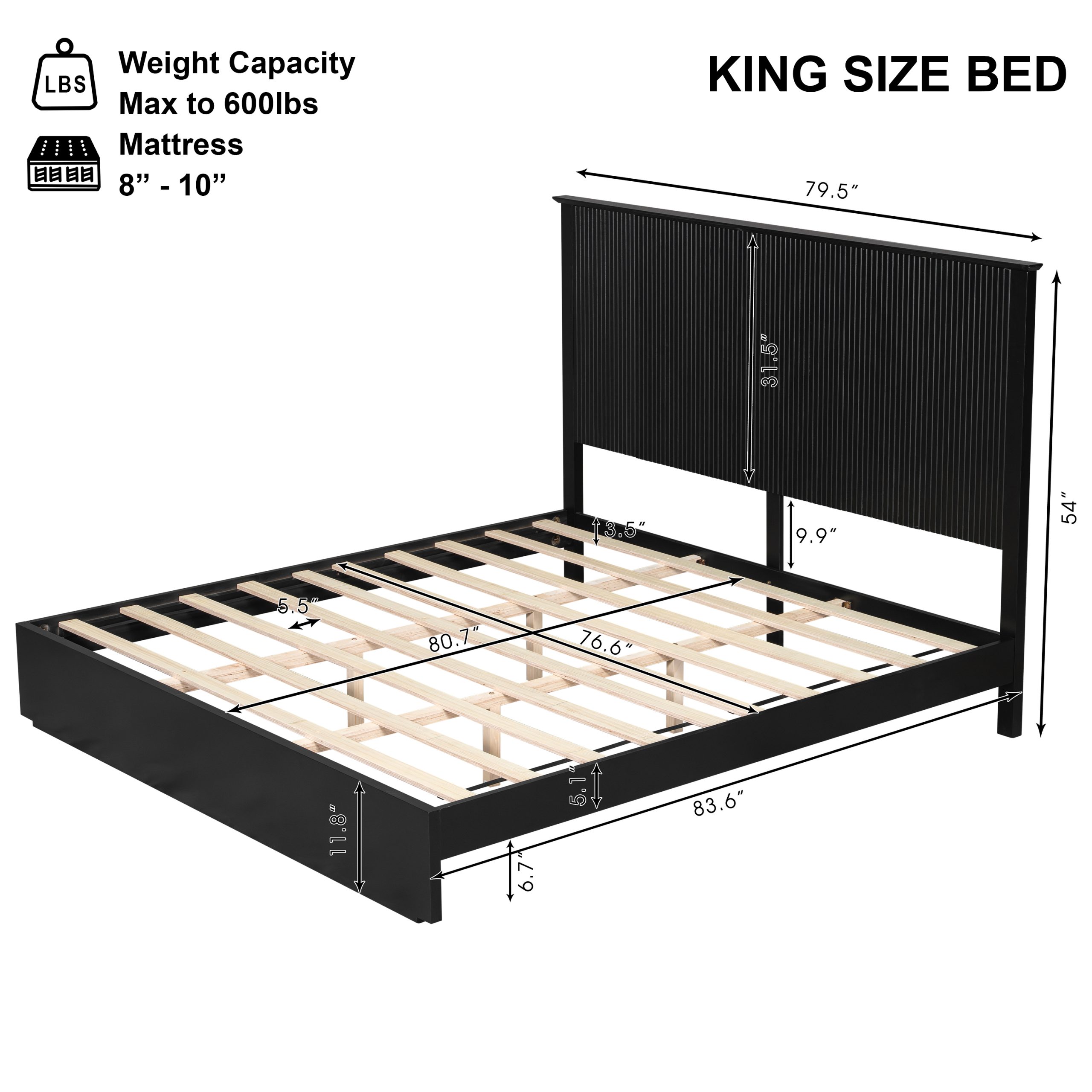 Stylish King Size Bed Frame - Black Solid Wood King Bed, 600lbs Weight Limit, Compatible with 8 - 10" Mattress, Contemporary Bedroom Furniture - Image 3
