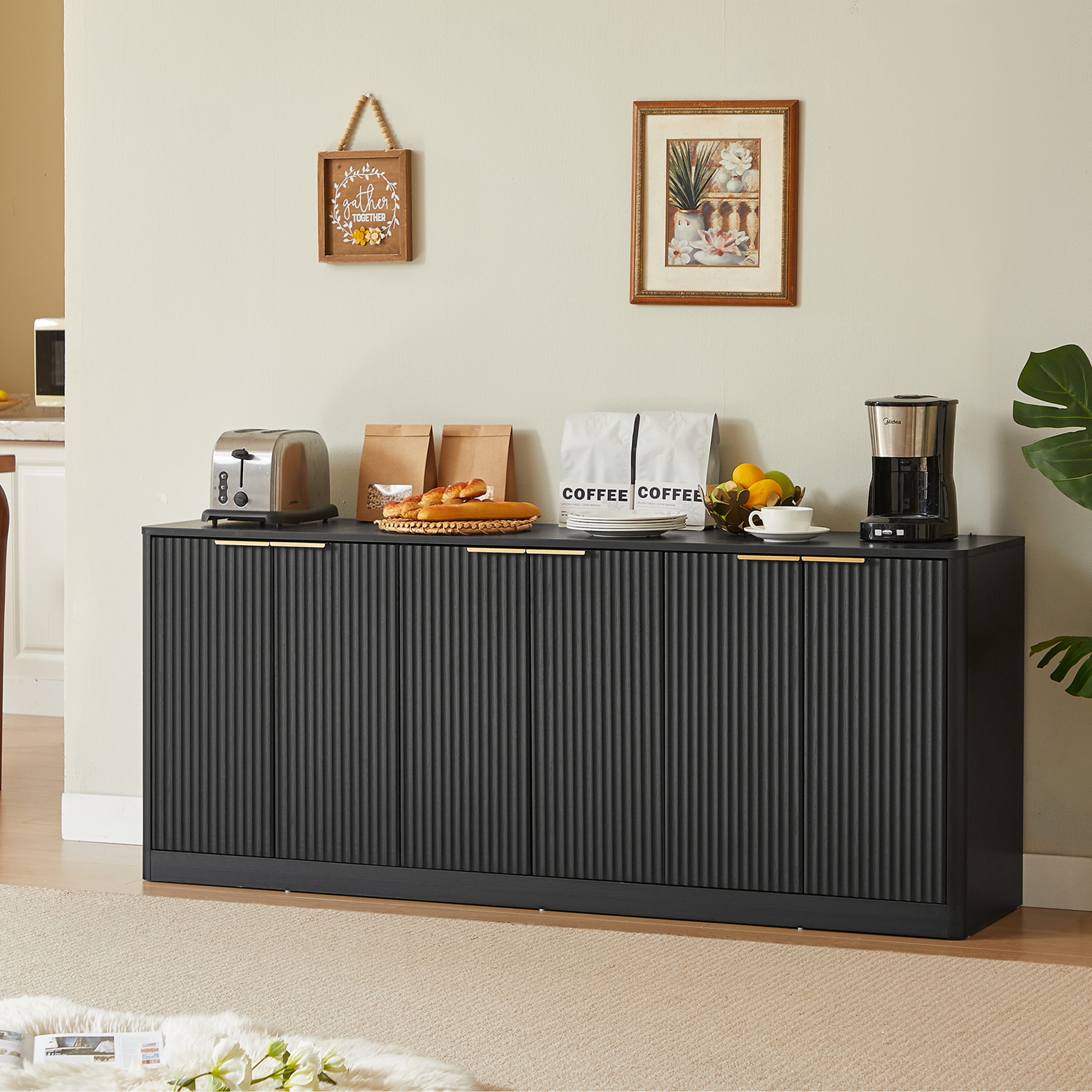 67-inch modern wavy sideboard, curved contour design storage cabinet, 6-door cabinet with storage function, suitable for kitchen / bedroom / living room, Black, 67.0"L x 15.7"W x 27.7"H - Image 3