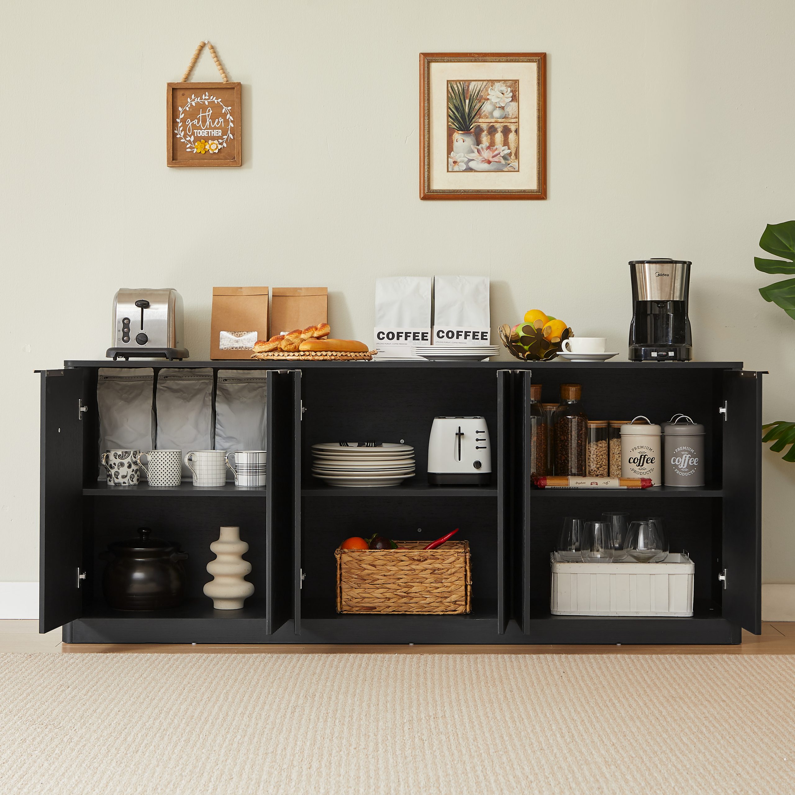 67-inch modern wavy sideboard, curved contour design storage cabinet, 6-door cabinet with storage function, suitable for kitchen / bedroom / living room, Black, 67.0"L x 15.7"W x 27.7"H - Image 4