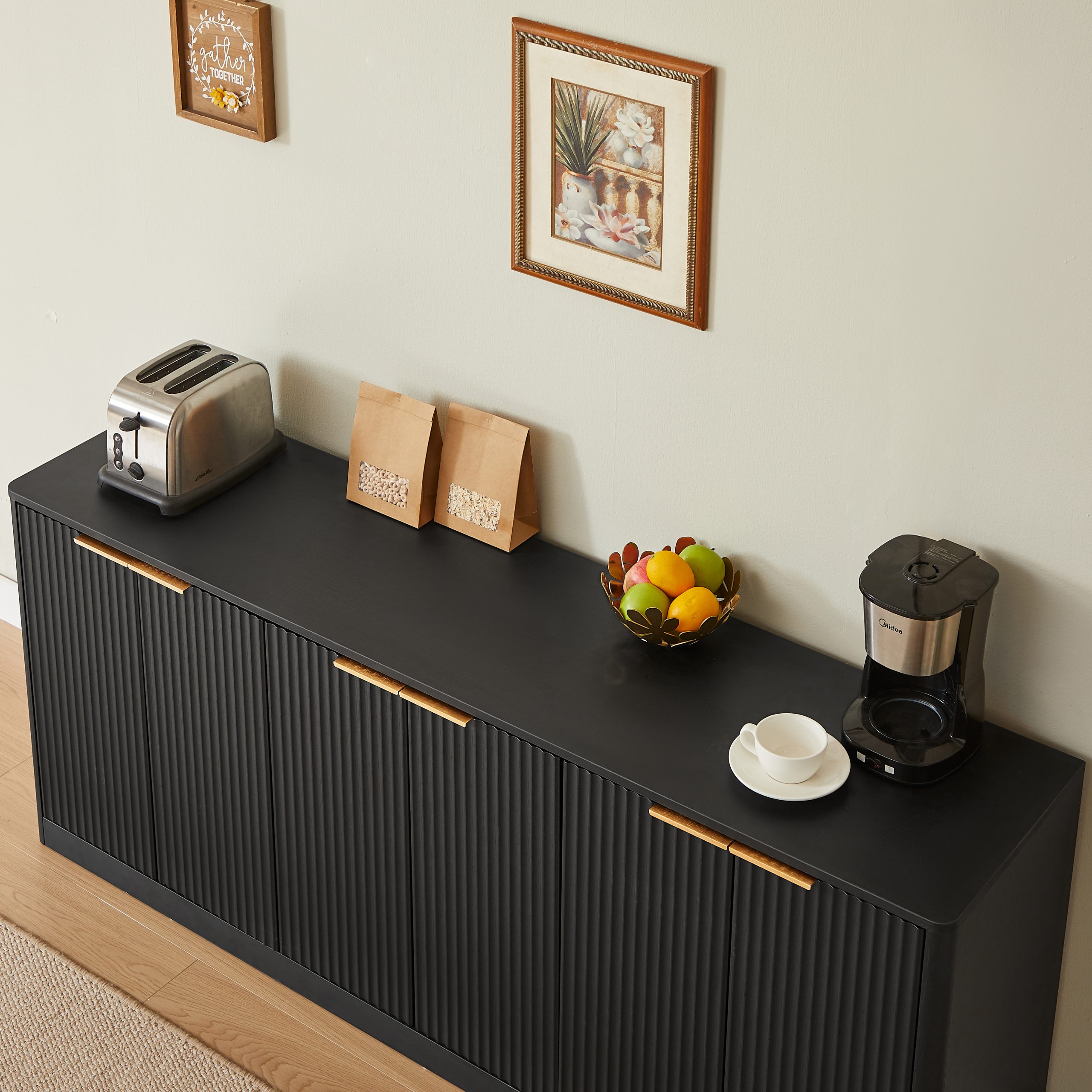 67-inch modern wavy sideboard, curved contour design storage cabinet, 6-door cabinet with storage function, suitable for kitchen / bedroom / living room, Black, 67.0"L x 15.7"W x 27.7"H - Image 5