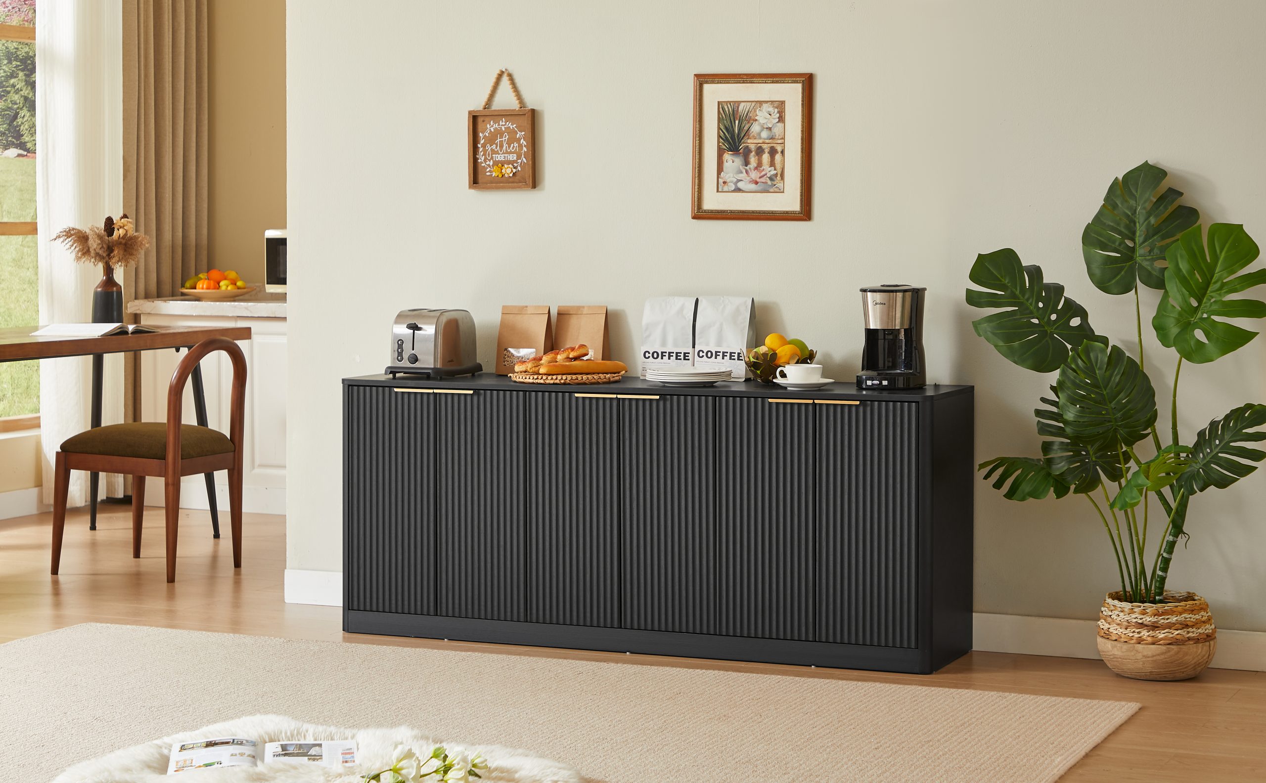 67-inch modern wavy sideboard, curved contour design storage cabinet, 6-door cabinet with storage function, suitable for kitchen / bedroom / living room, Black, 67.0"L x 15.7"W x 27.7"H - Image 6