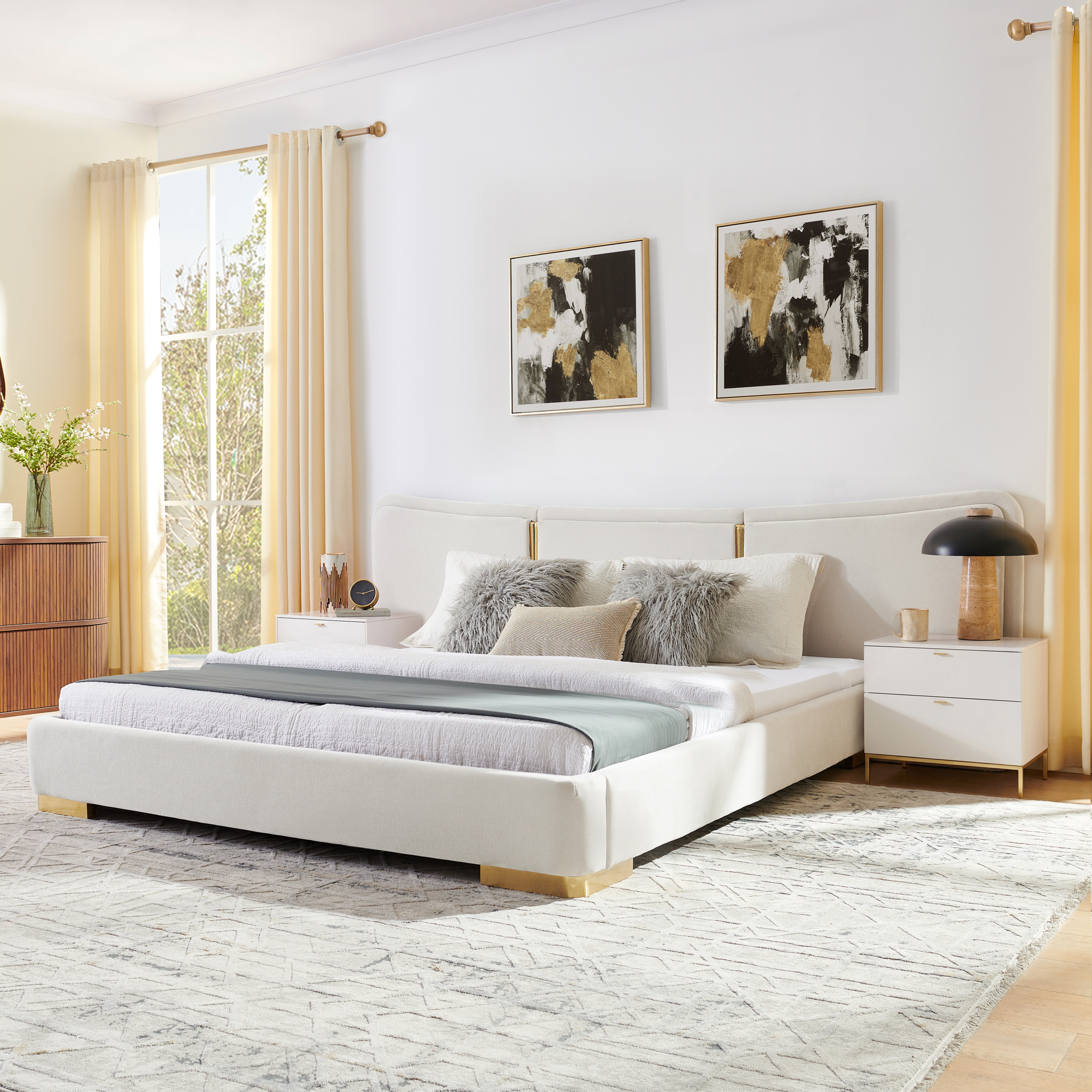 Queen Size Extra Large Platform Bed, Soft Chenille Fabric Frame, Curved Headboard, Reinforced Electroplated Metal Legs, Flexible DIY Side Space Design-Beige - Image 1