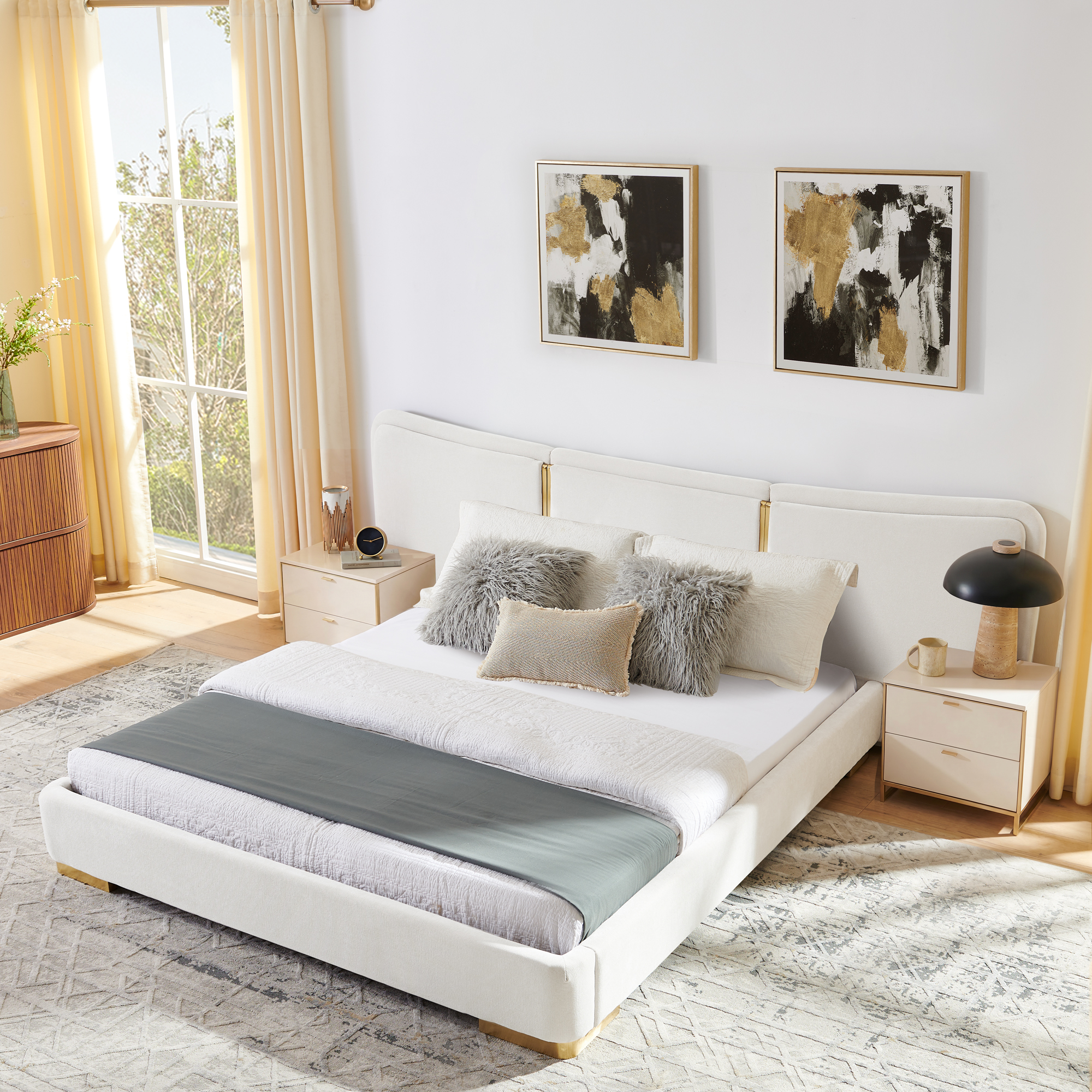 Queen Size Extra Large Platform Bed, Soft Chenille Fabric Frame, Curved Headboard, Reinforced Electroplated Metal Legs, Flexible DIY Side Space Design-Beige - Image 2