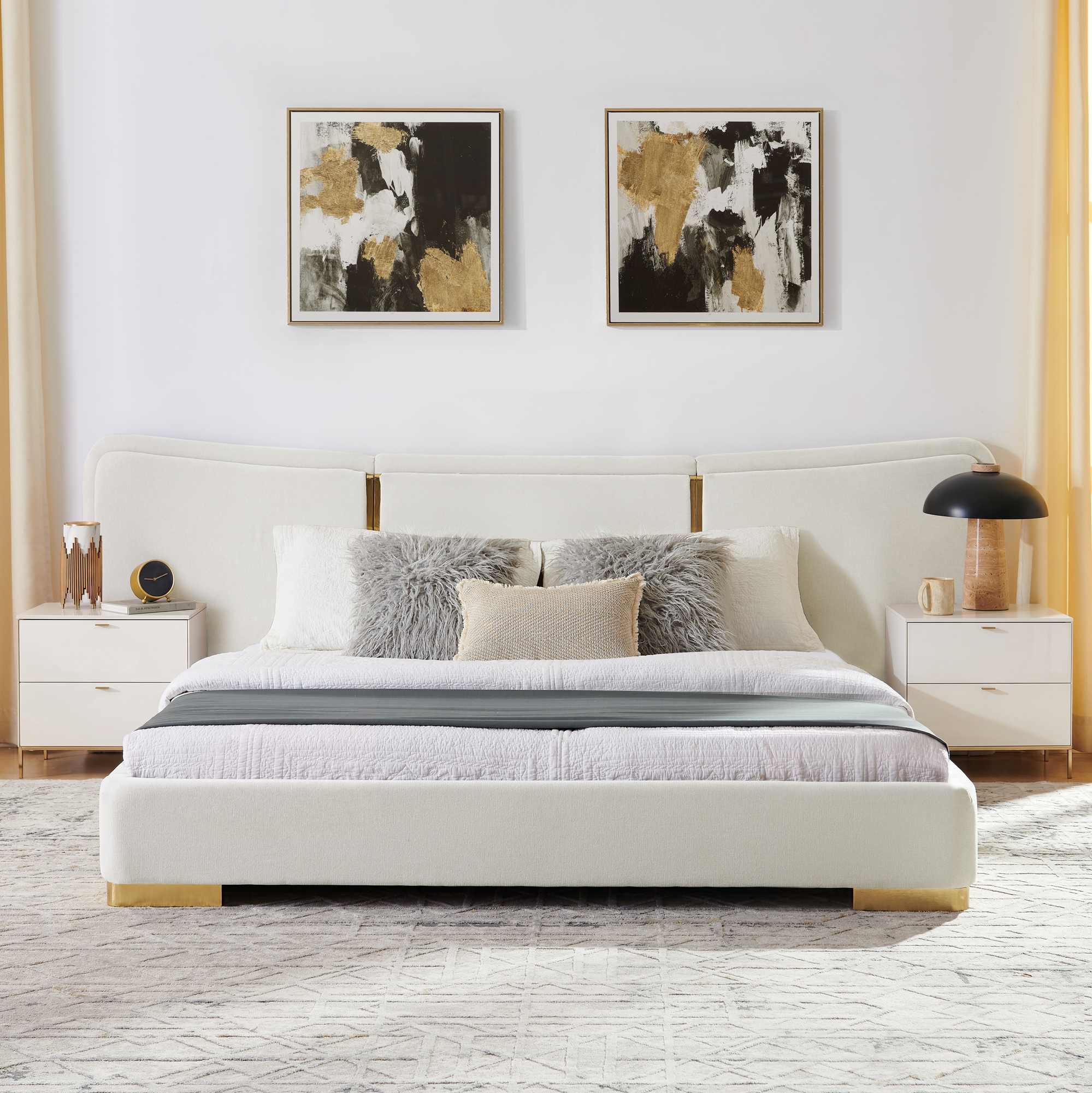 Queen Size Extra Large Platform Bed, Soft Chenille Fabric Frame, Curved Headboard, Reinforced Electroplated Metal Legs, Flexible DIY Side Space Design-Beige - Image 3