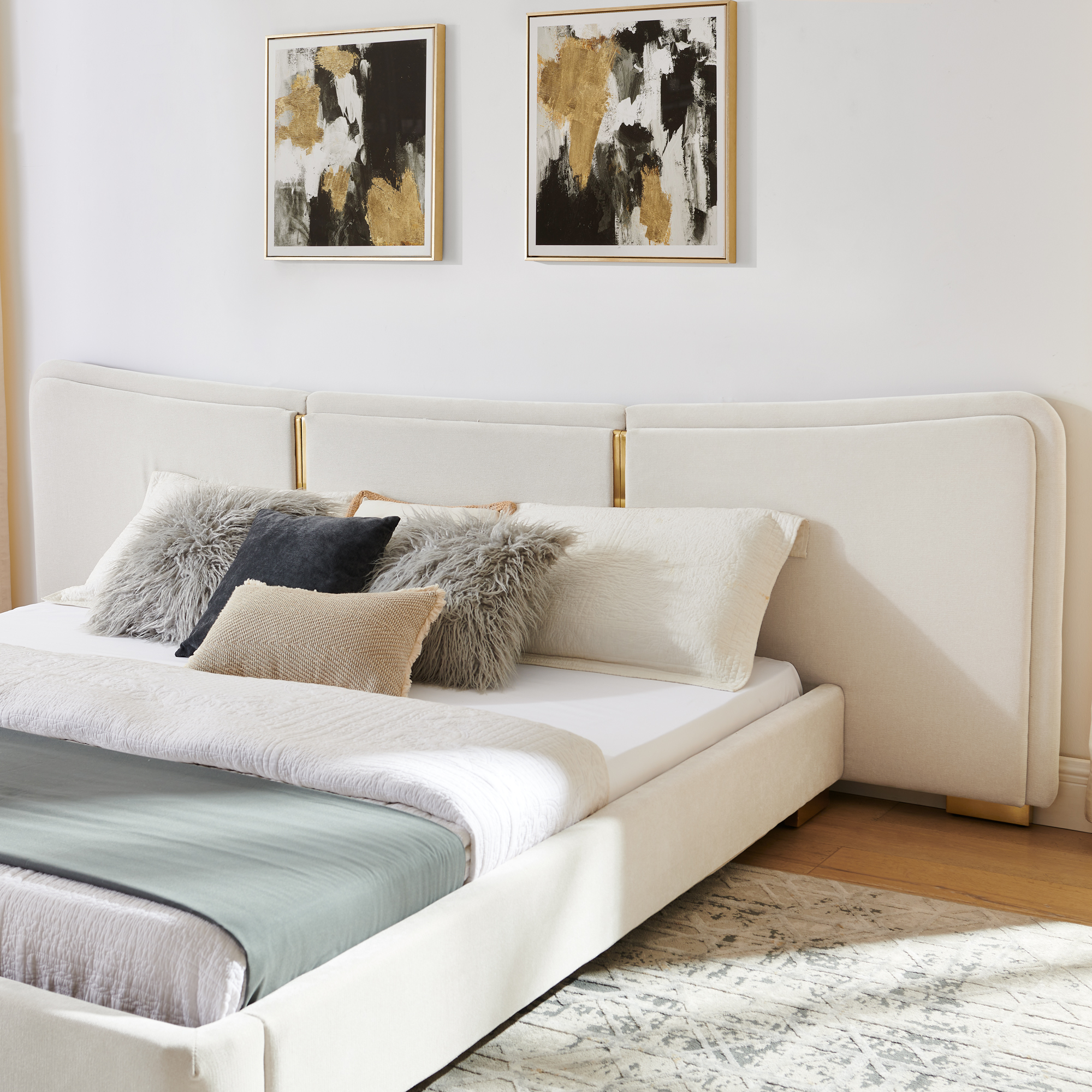Queen Size Extra Large Platform Bed, Soft Chenille Fabric Frame, Curved Headboard, Reinforced Electroplated Metal Legs, Flexible DIY Side Space Design-Beige - Image 4