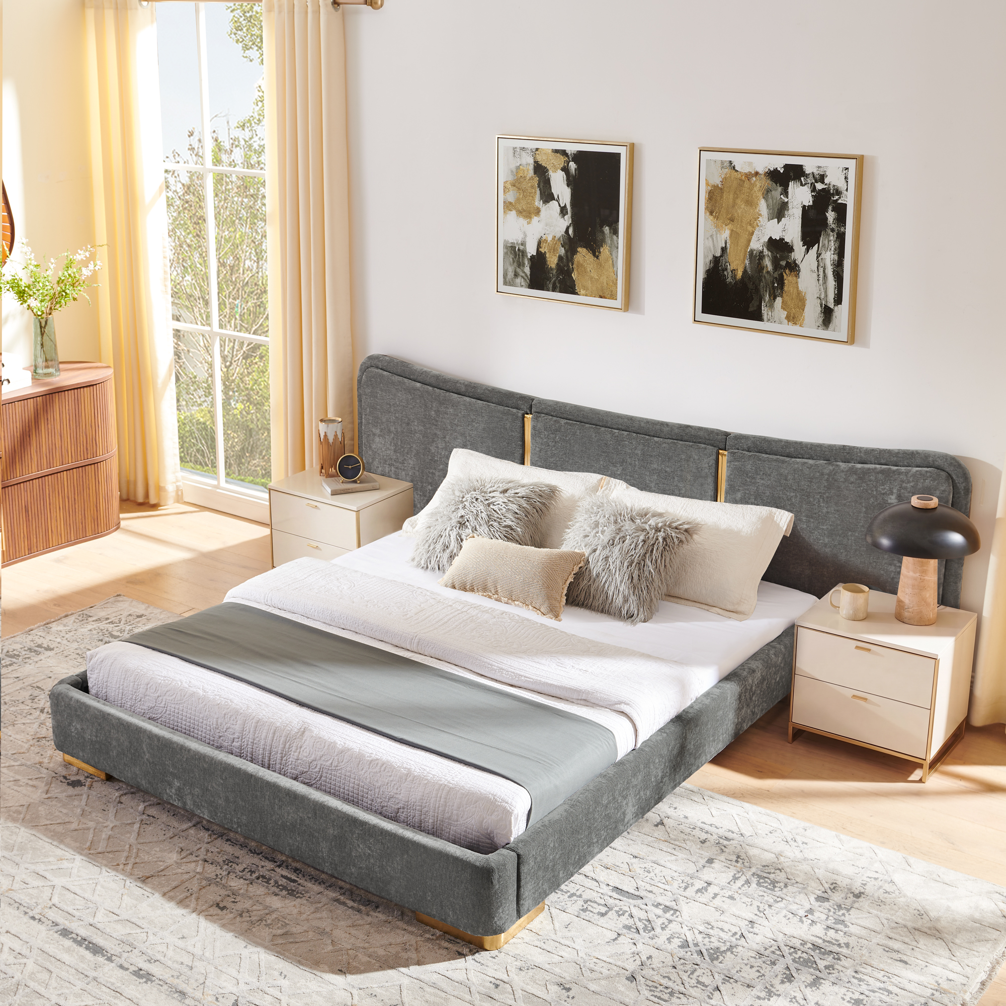 Queen Size Extra Large Platform Bed, Soft Chenille Fabric Frame, Curved Headboard, Reinforced Electroplated Metal Legs, Flexible DIY Side Space Design-Dark Gray - Image 2