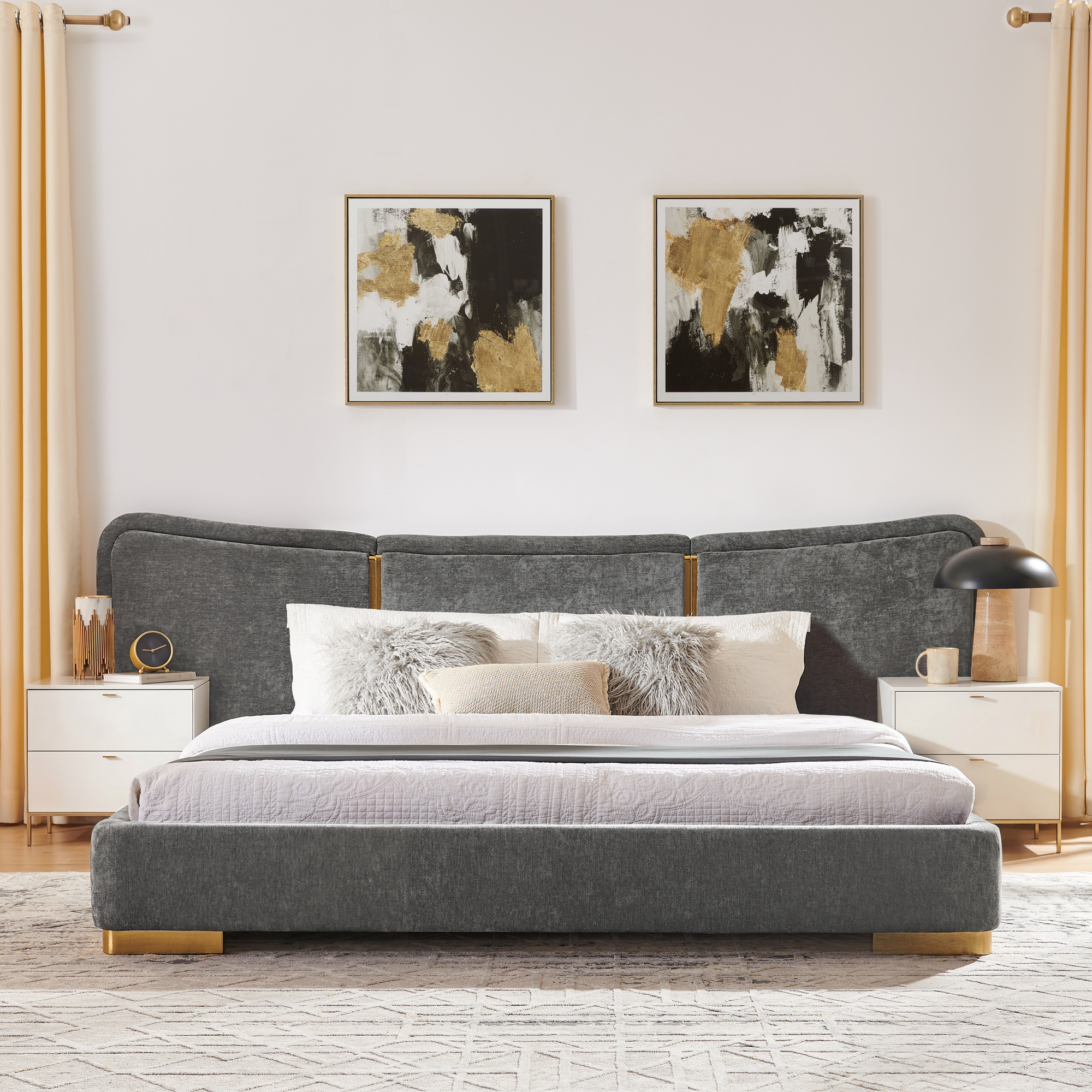 Queen Size Extra Large Platform Bed, Soft Chenille Fabric Frame, Curved Headboard, Reinforced Electroplated Metal Legs, Flexible DIY Side Space Design-Dark Gray - Image 3