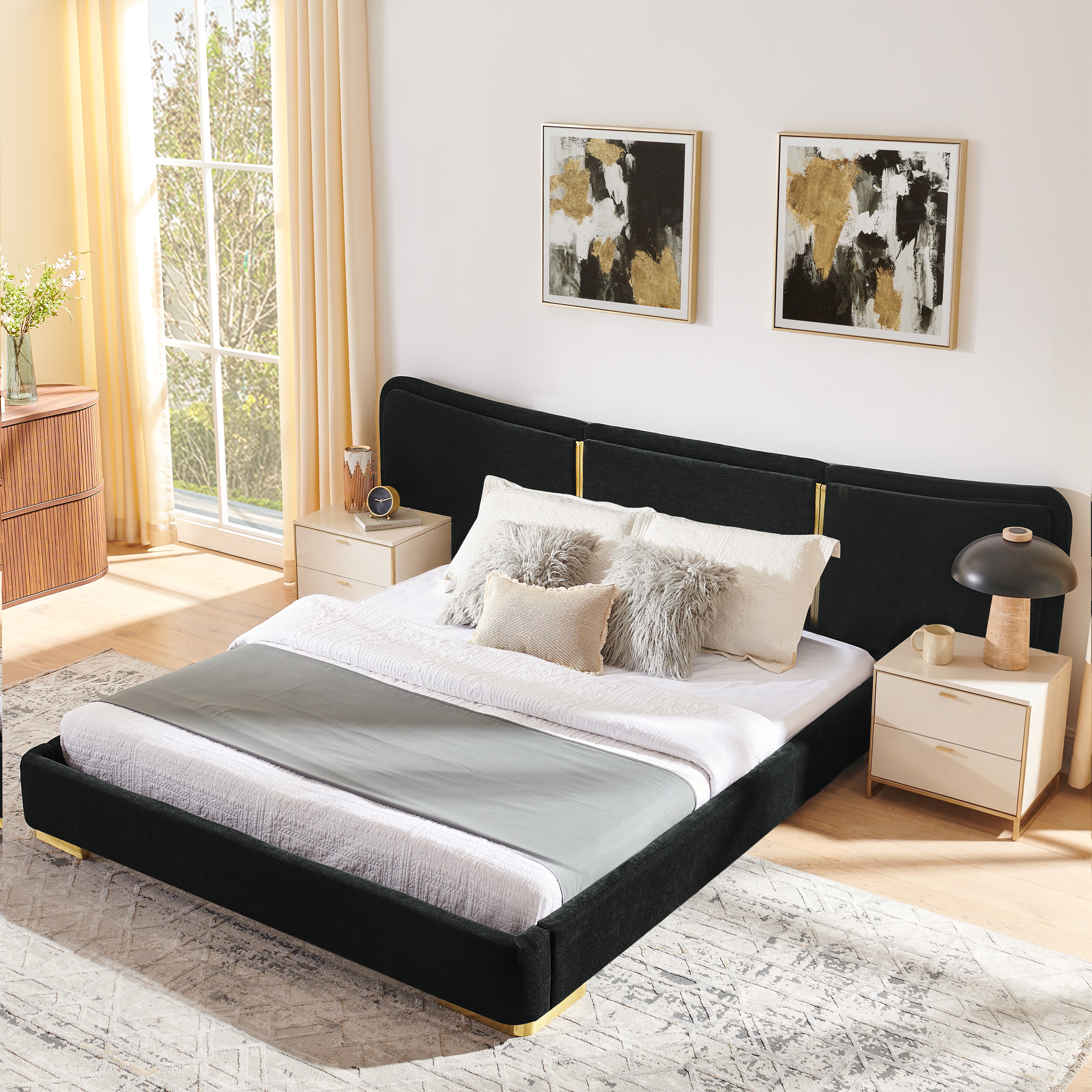 Queen Size Extra Large Platform Bed, Soft Chenille Fabric Frame, Curved Headboard, Reinforced Electroplated Metal Legs, Flexible DIY Side Space Design-Black - Image 2