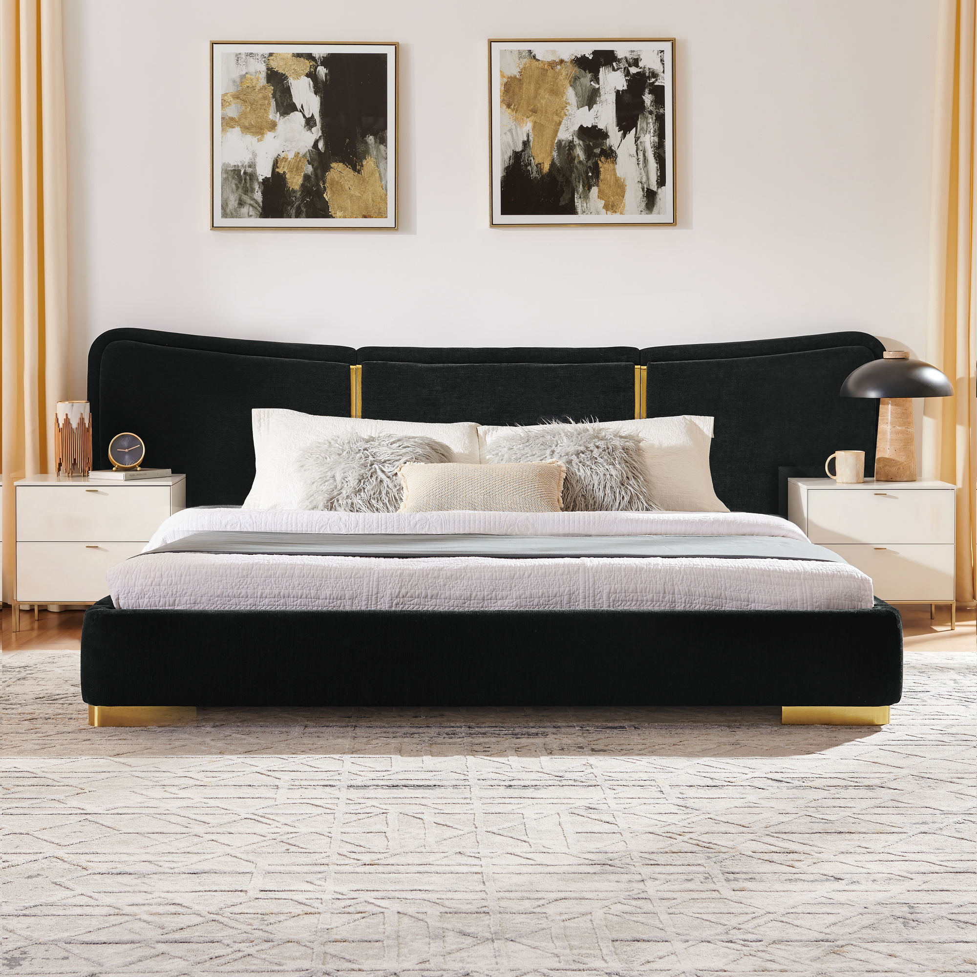 Queen Size Extra Large Platform Bed, Soft Chenille Fabric Frame, Curved Headboard, Reinforced Electroplated Metal Legs, Flexible DIY Side Space Design-Black - Image 3