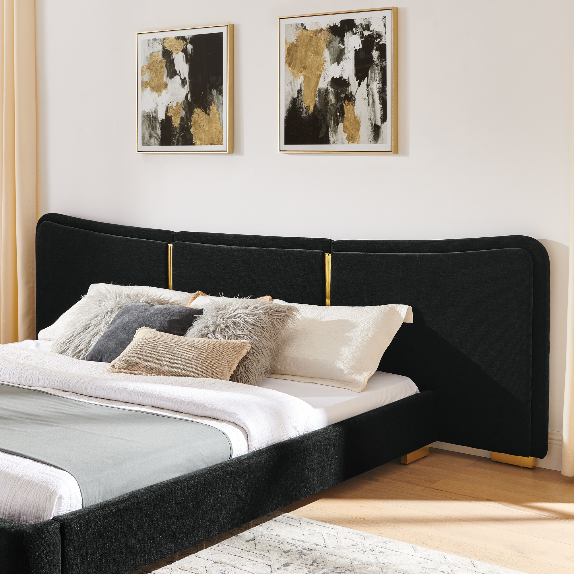 Queen Size Extra Large Platform Bed, Soft Chenille Fabric Frame, Curved Headboard, Reinforced Electroplated Metal Legs, Flexible DIY Side Space Design-Black - Image 5