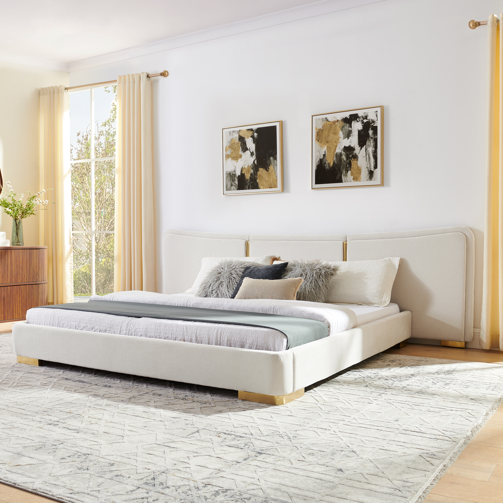 King Size Extra Large Platform Bed, Soft Chenille Fabric Frame, Curved Headboard, Reinforced Electroplated Metal Legs, Flexible DIY Side Space Design-Beige - Image 1