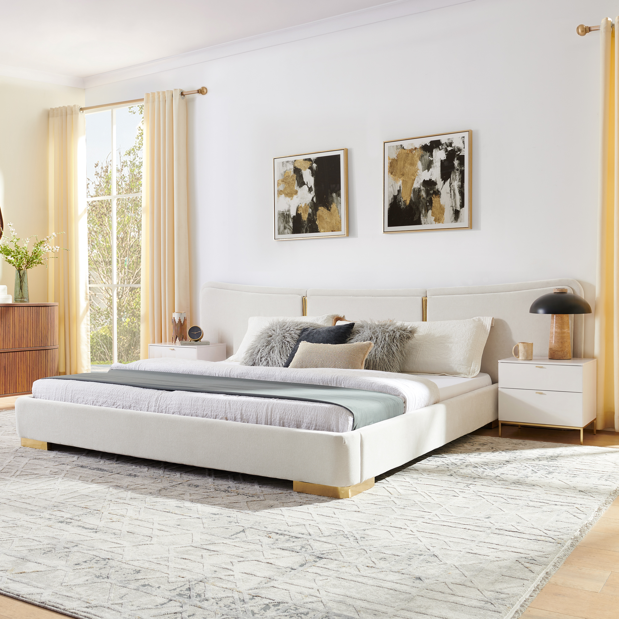 King Size Extra Large Platform Bed, Soft Chenille Fabric Frame, Curved Headboard, Reinforced Electroplated Metal Legs, Flexible DIY Side Space Design-Beige - Image 2
