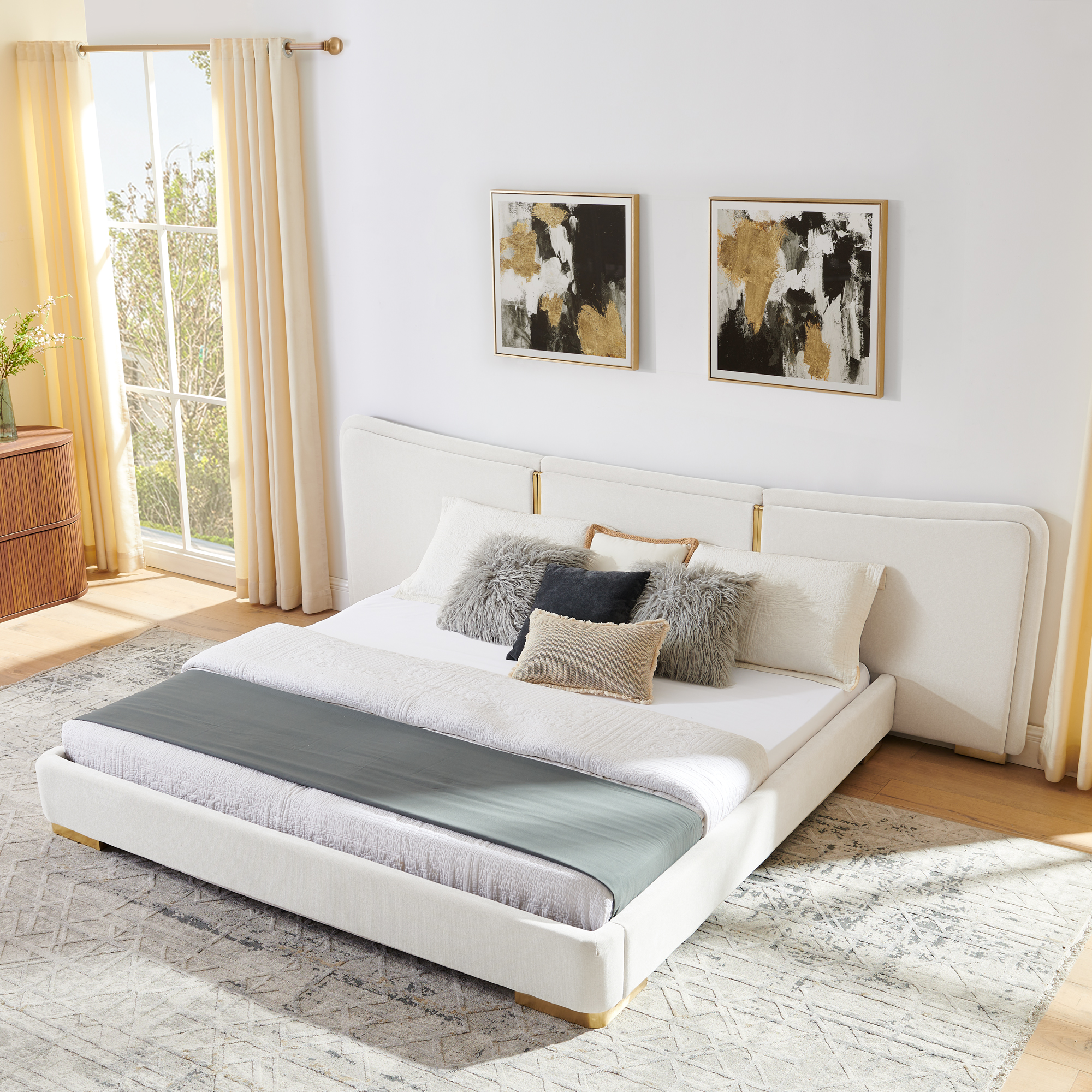 King Size Extra Large Platform Bed, Soft Chenille Fabric Frame, Curved Headboard, Reinforced Electroplated Metal Legs, Flexible DIY Side Space Design-Beige - Image 3