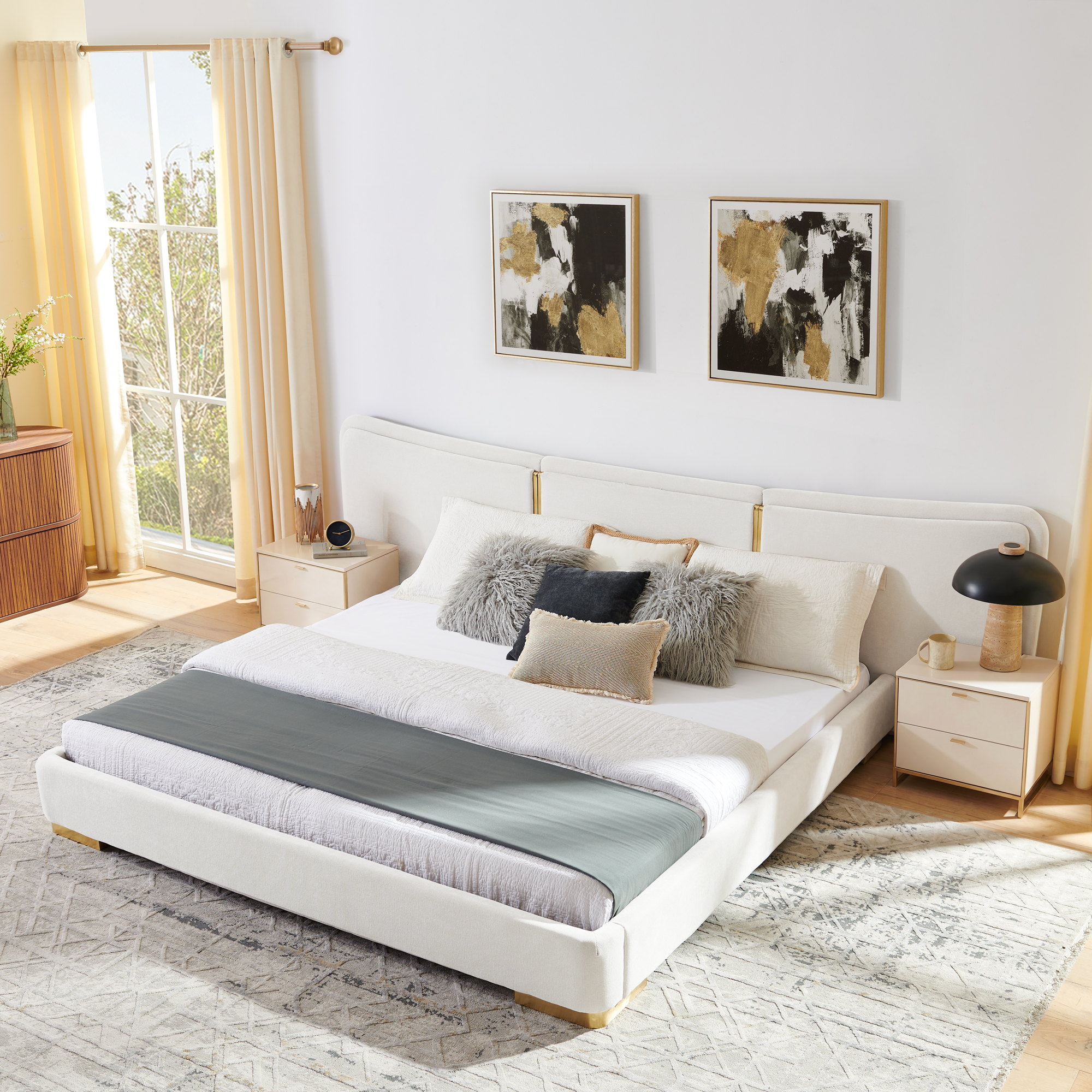 King Size Extra Large Platform Bed, Soft Chenille Fabric Frame, Curved Headboard, Reinforced Electroplated Metal Legs, Flexible DIY Side Space Design-Beige - Image 4