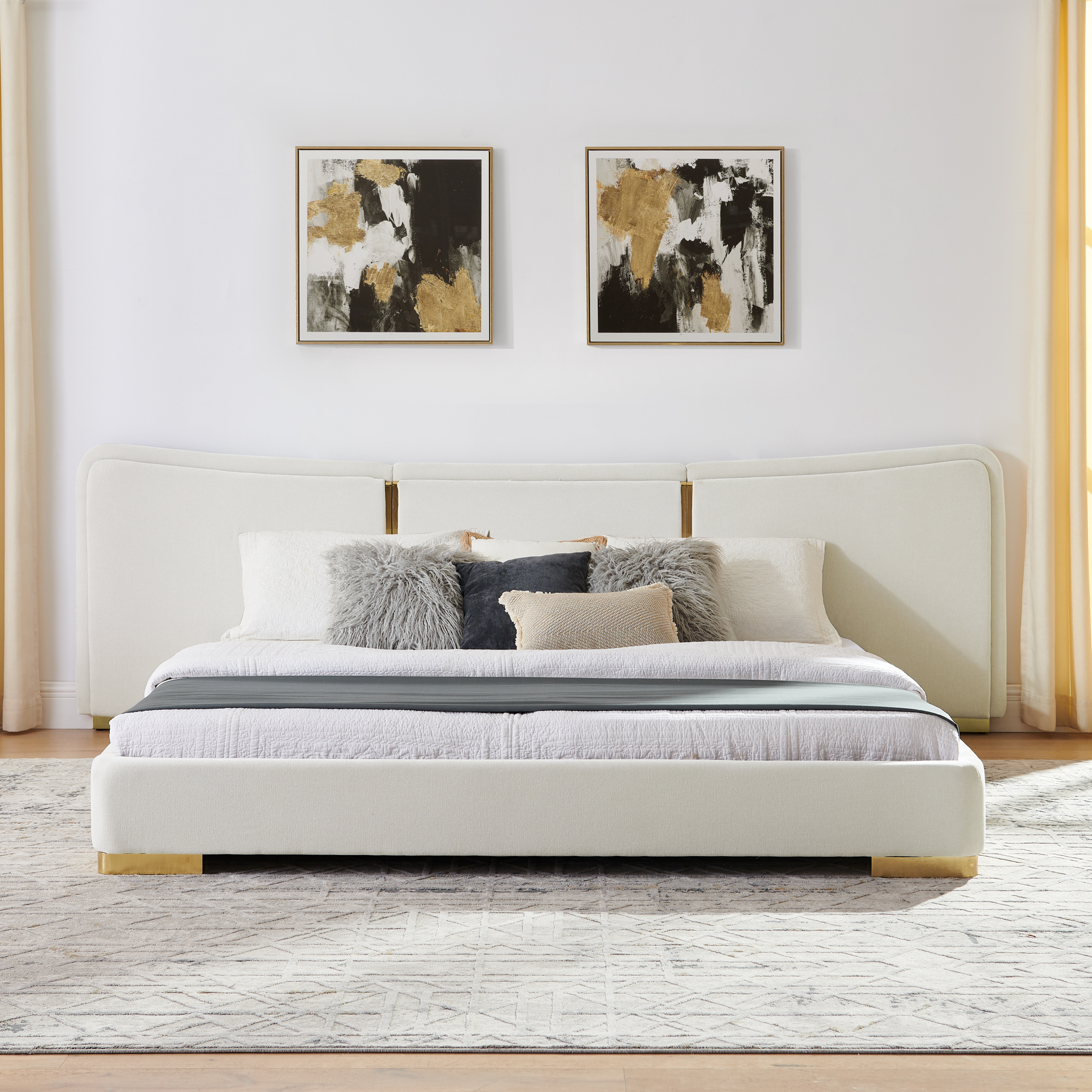 King Size Extra Large Platform Bed, Soft Chenille Fabric Frame, Curved Headboard, Reinforced Electroplated Metal Legs, Flexible DIY Side Space Design-Beige - Image 5