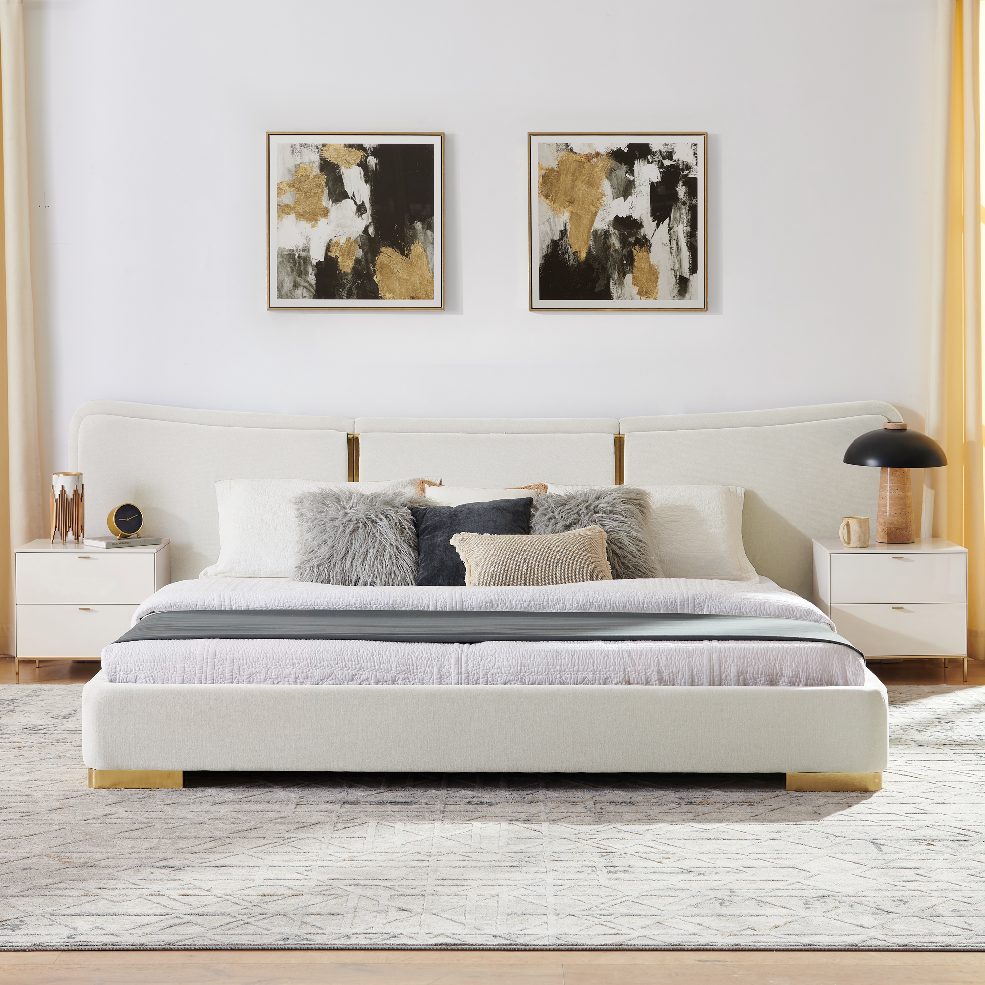 King Size Extra Large Platform Bed, Soft Chenille Fabric Frame, Curved Headboard, Reinforced Electroplated Metal Legs, Flexible DIY Side Space Design-Beige - Image 6