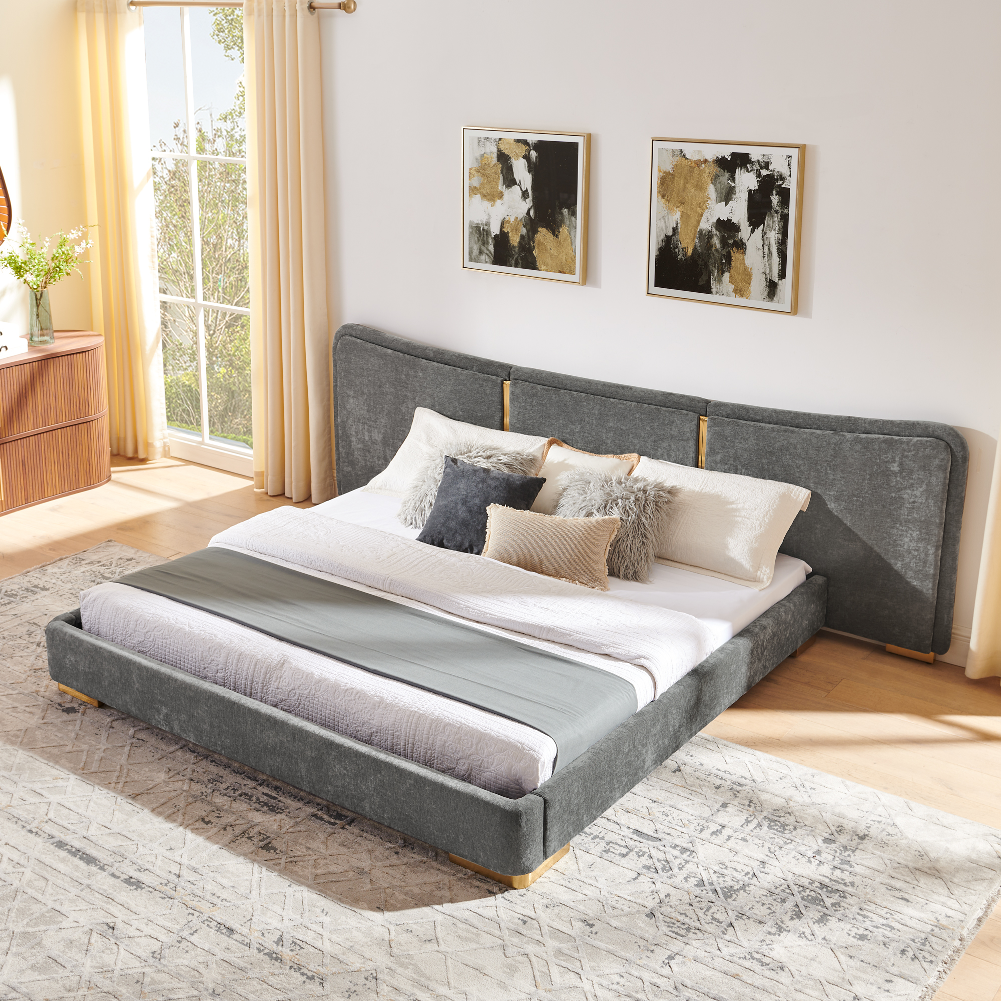 King Size Extra Large Platform Bed, Soft Chenille Fabric Frame, Curved Headboard, Reinforced Electroplated Metal Legs, Flexible DIY Side Space Design-Dark Gray - Image 2