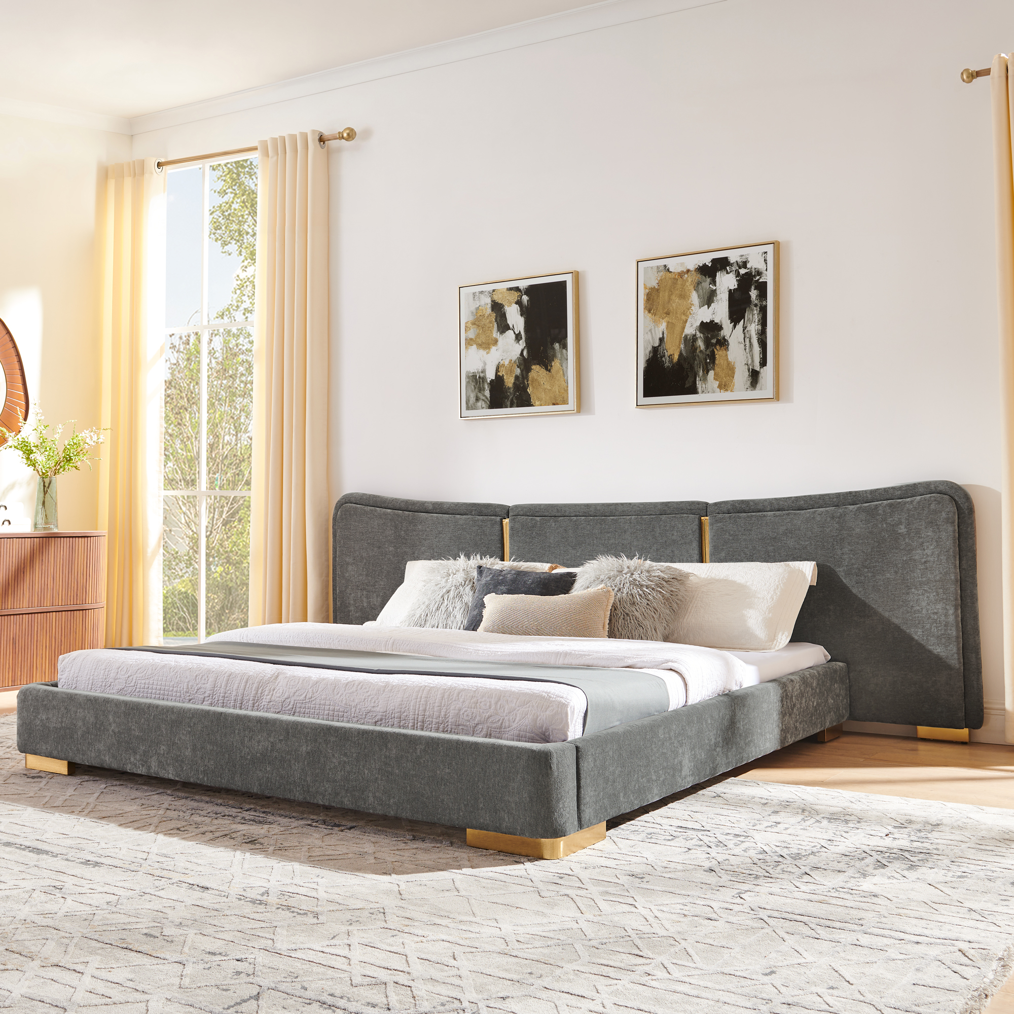 King Size Extra Large Platform Bed, Soft Chenille Fabric Frame, Curved Headboard, Reinforced Electroplated Metal Legs, Flexible DIY Side Space Design-Dark Gray - Image 1