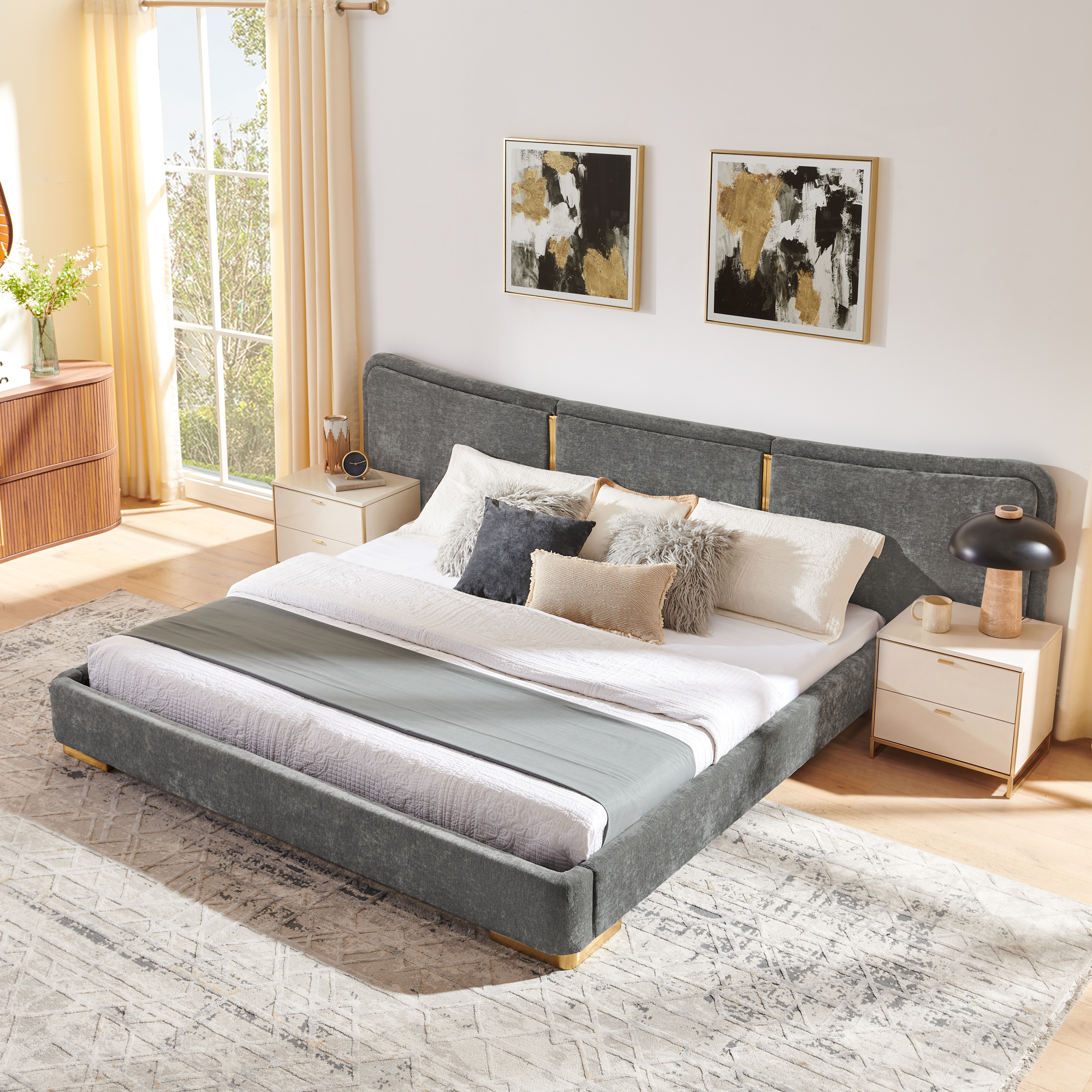 King Size Extra Large Platform Bed, Soft Chenille Fabric Frame, Curved Headboard, Reinforced Electroplated Metal Legs, Flexible DIY Side Space Design-Dark Gray - Image 3