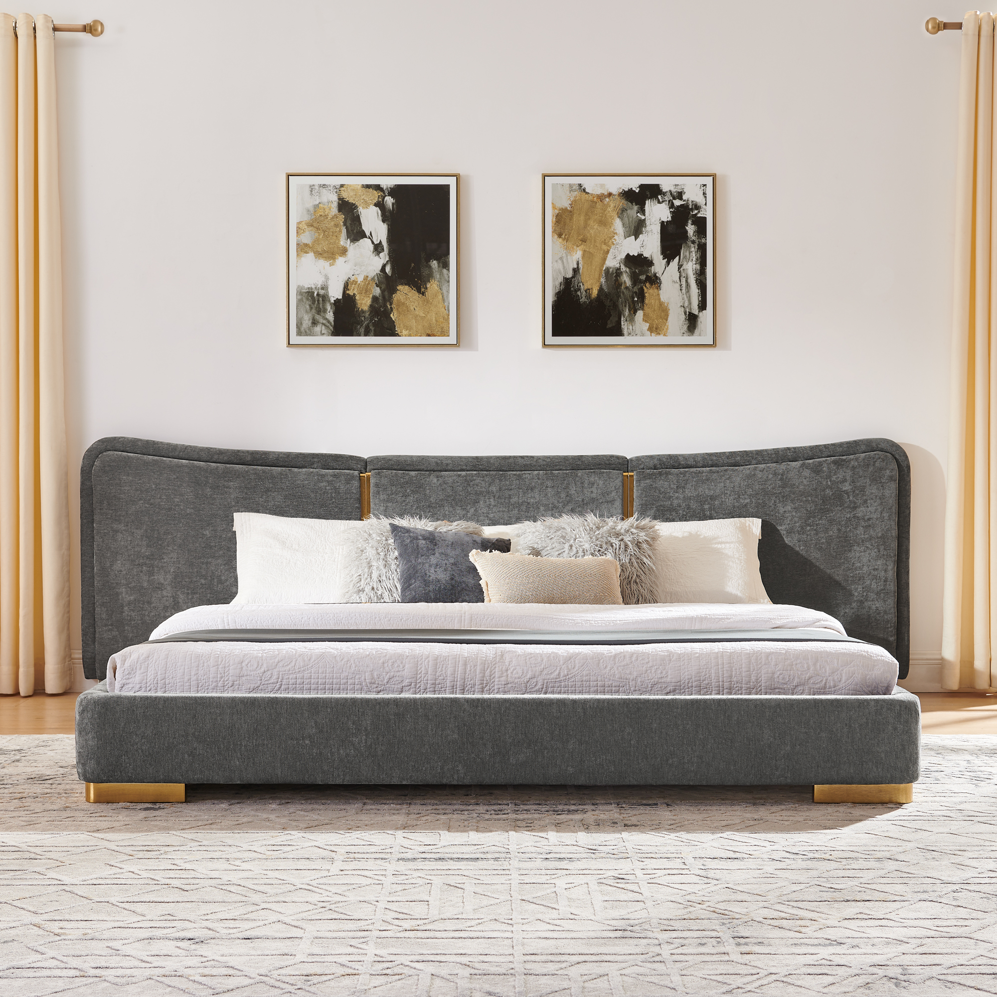King Size Extra Large Platform Bed, Soft Chenille Fabric Frame, Curved Headboard, Reinforced Electroplated Metal Legs, Flexible DIY Side Space Design-Dark Gray - Image 4